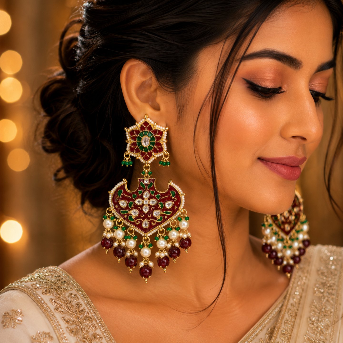 Aarohi Kundan Meenakari Earrings With Hanging Pearls
