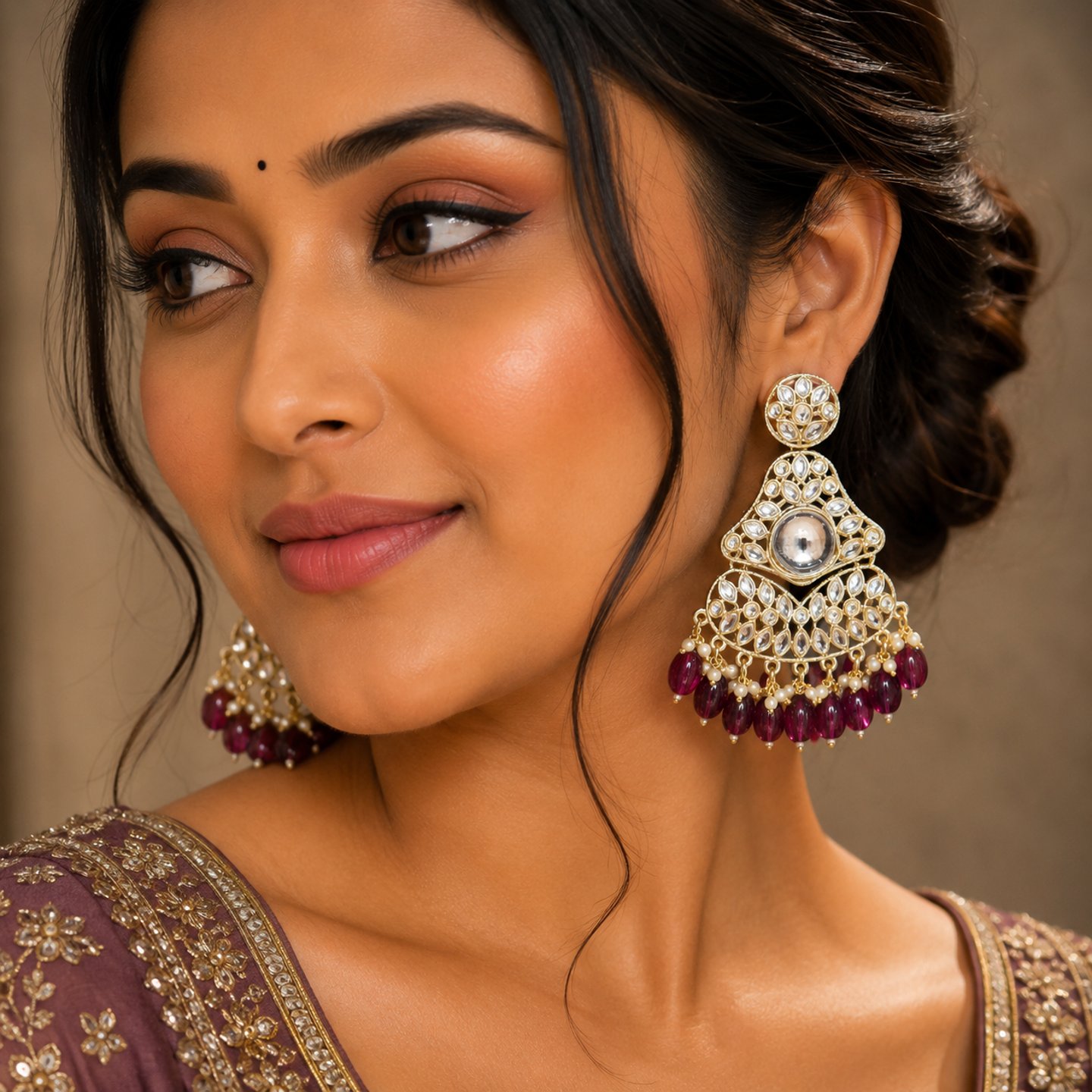 Kajal Traditional Kundan Gold Took Earrings with Colorful Drops