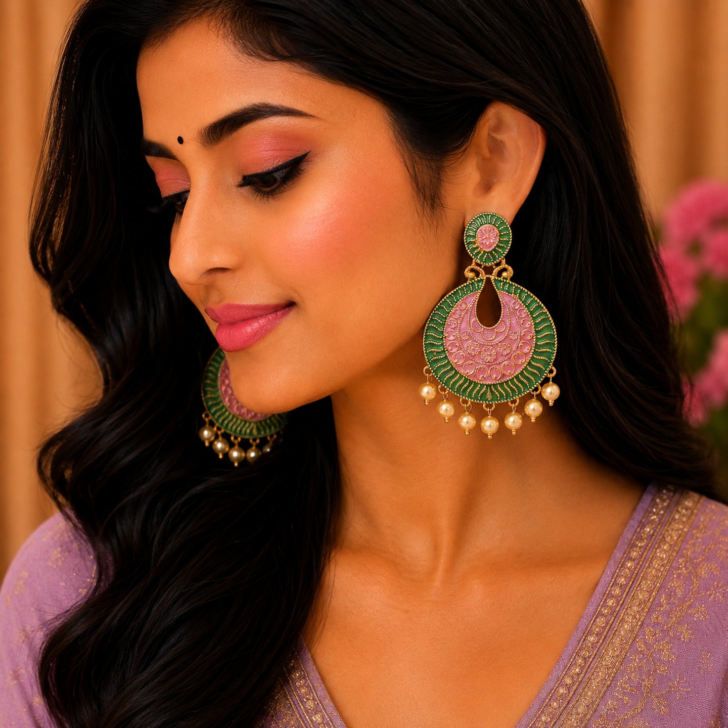Pallavi Meenakari and Hanging Pearls Earrings