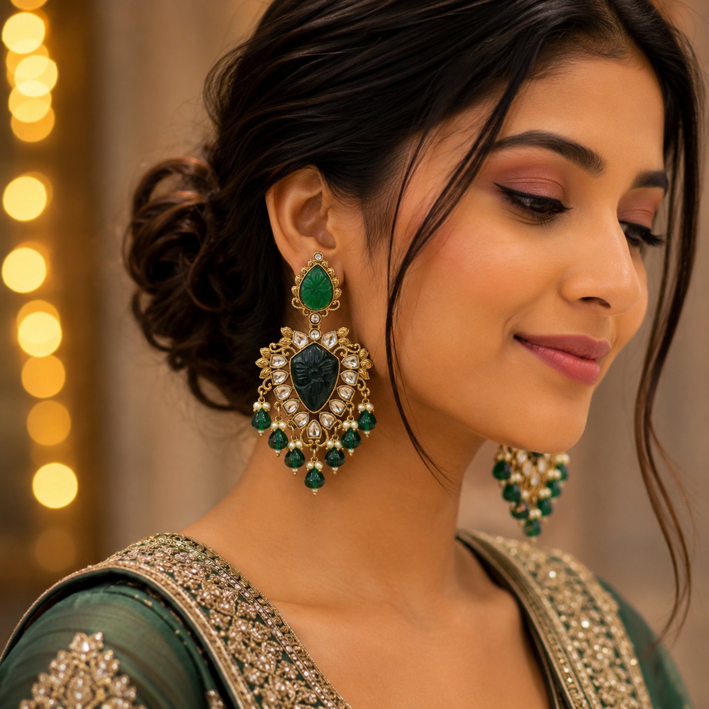 Arushi Kundan Earrings with Carved Stone and Hanging Pearls
