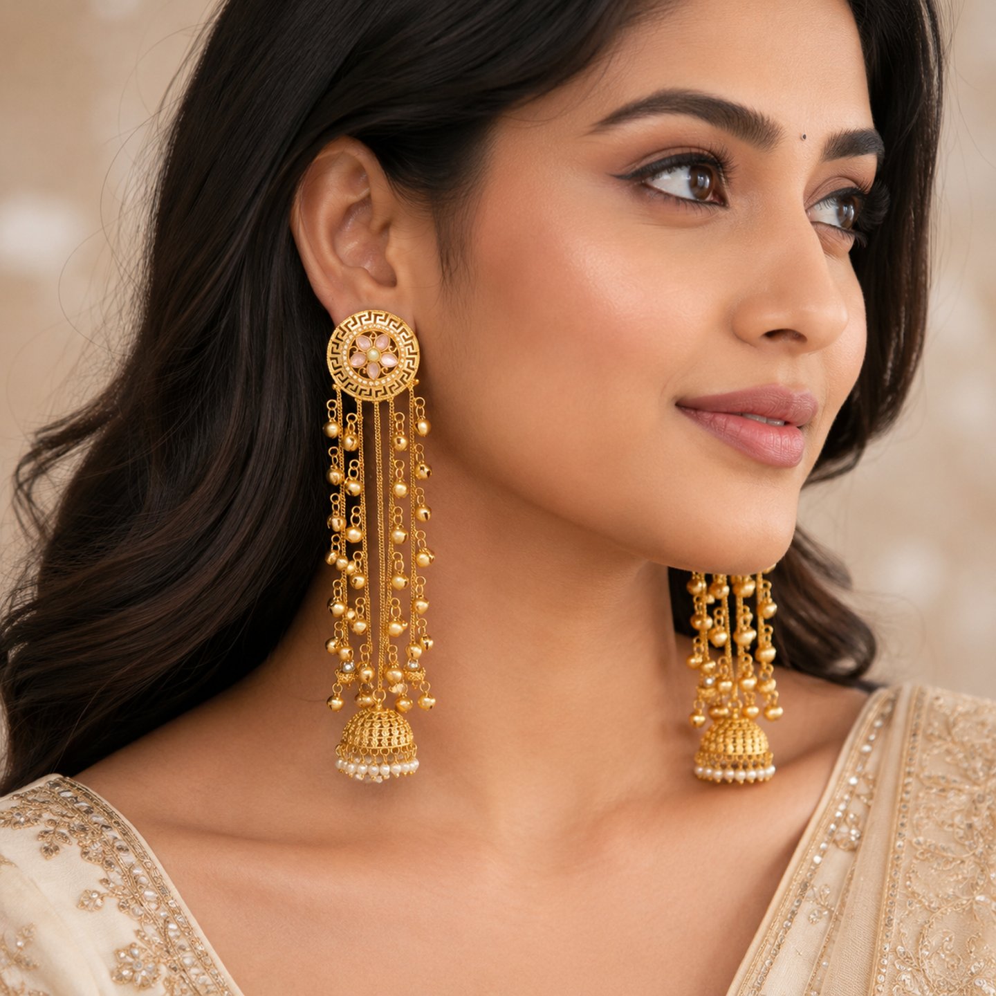 Ishita Floral Design Kashmiri Earrings Hanging Chains with Ghungroos