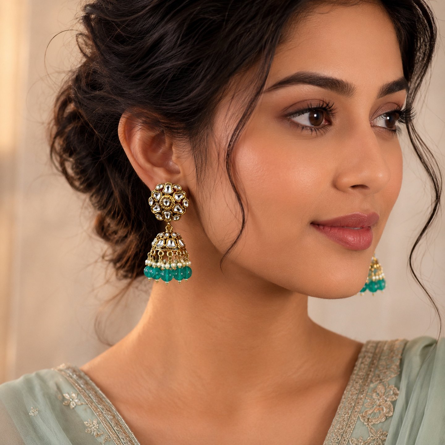 Nisha Minimal Kundan with Hanging Crystals Jhumkas