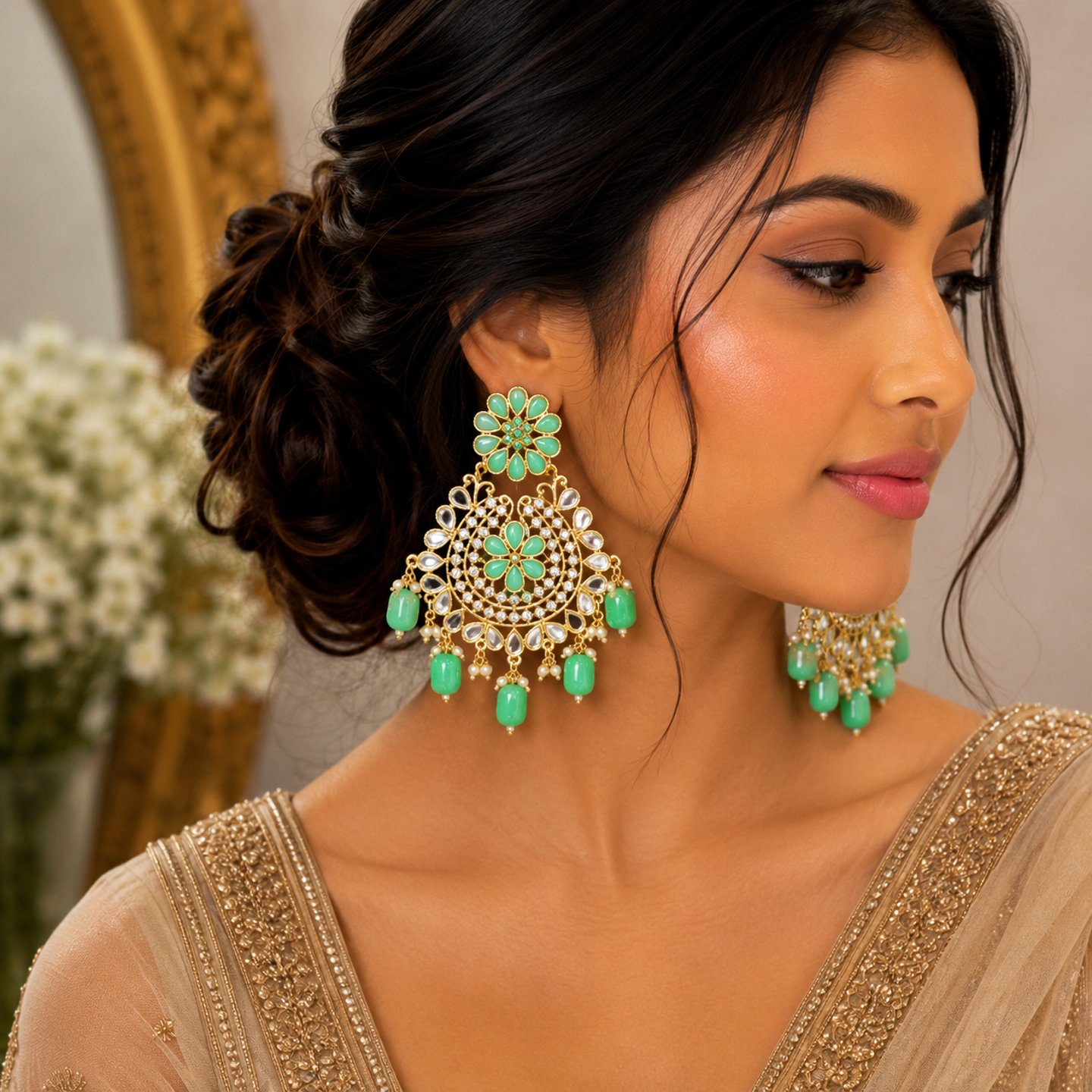Natasha Mint Colored Mirror Stone and Hanging Pearls Earrings