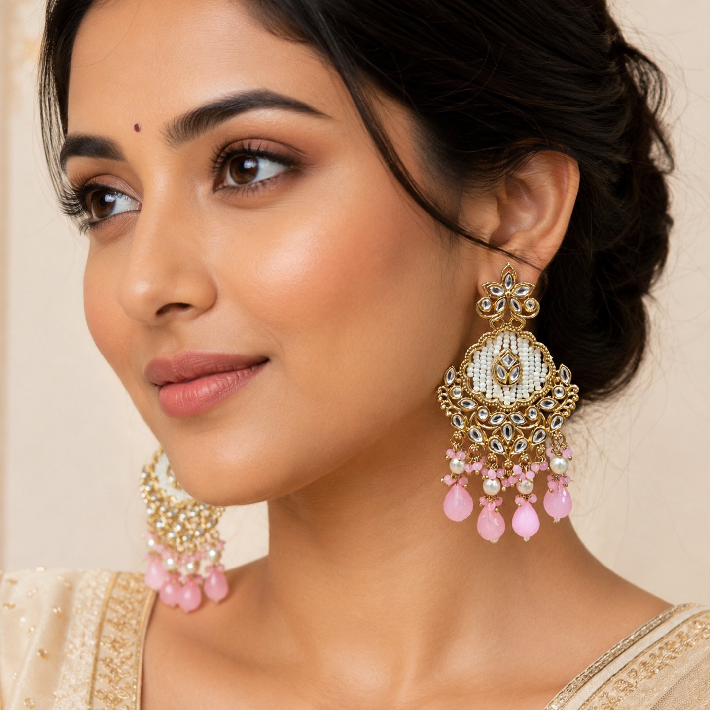 Aarohi Pearls Work Kundan Earrings with Colored Hangings