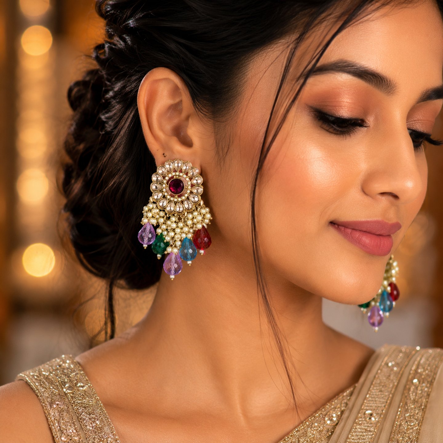 Kiara Kundan Stud with Colour full Crystal Hanging Pearls