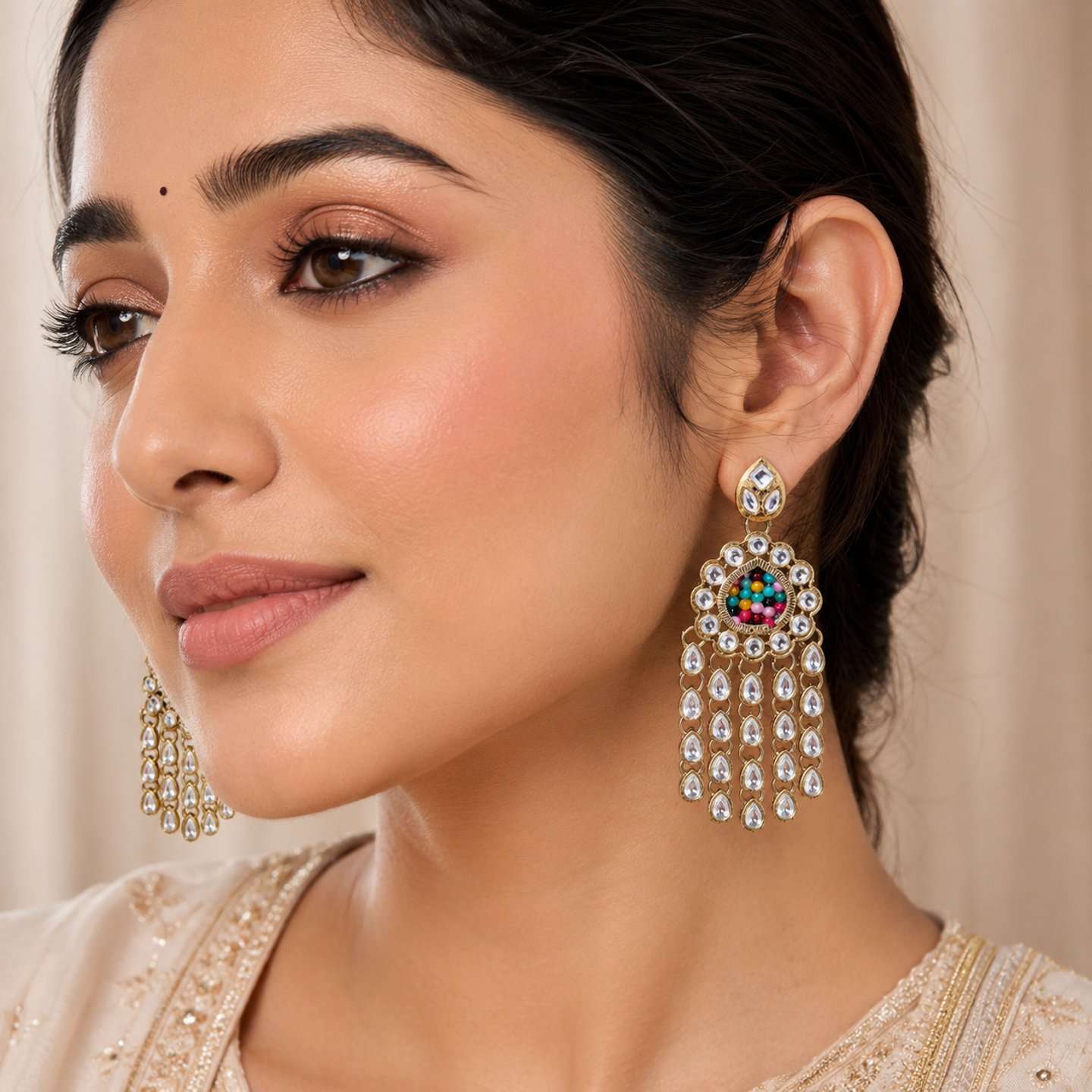 Kaira Long Kundan Earrings with Pearls Work