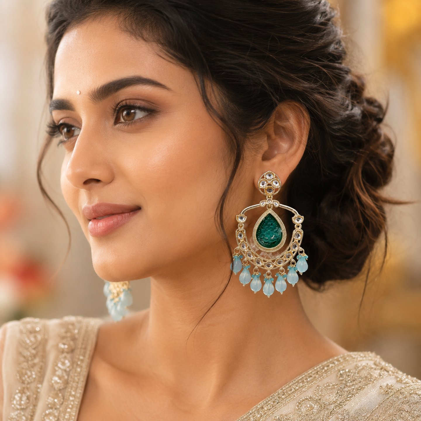 Ekta Kundan Chandbalis with Engraved Centre Stone