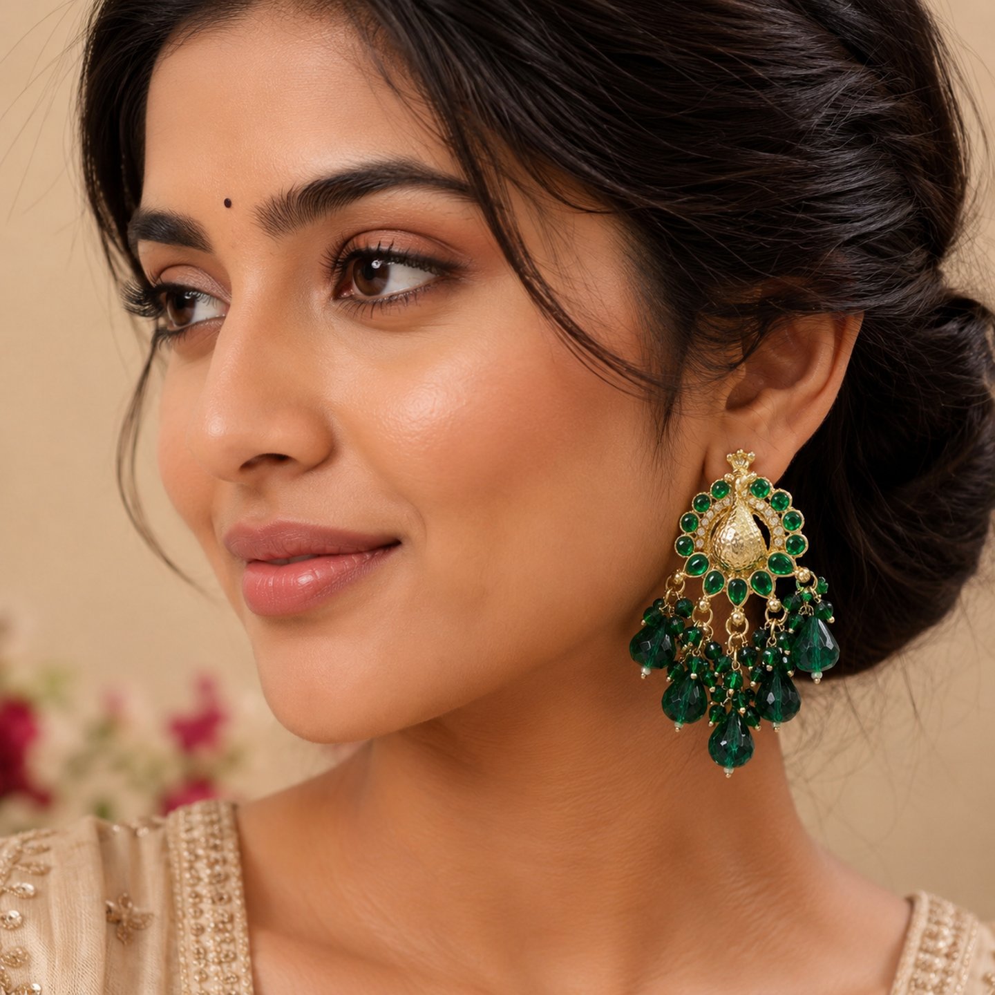 Suhna Gold Plated Peacock Shape Earrings with Colorful Crystals