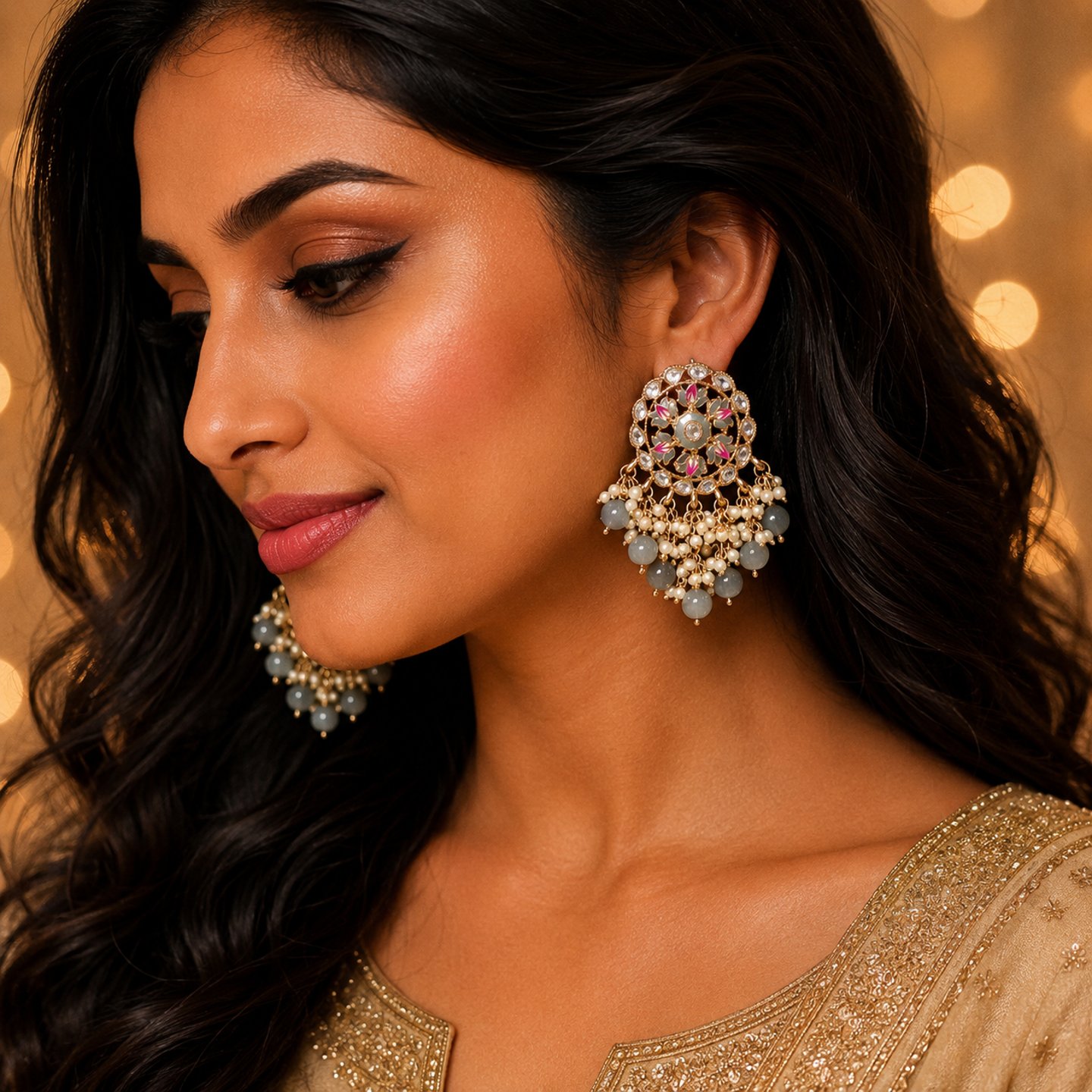 Aastha Kundan Meenakari Studs with Hanging Pearls