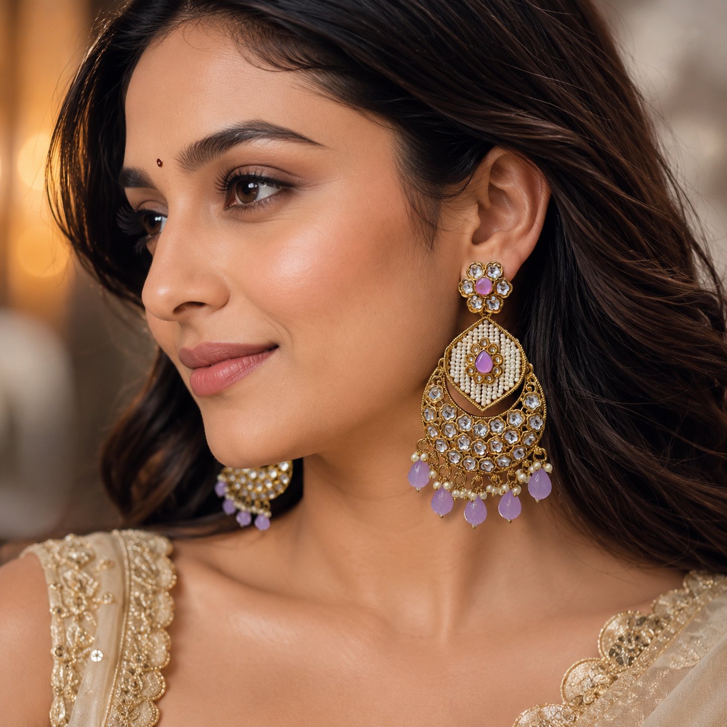 Prachi Kundan and Pearls Hanging Work Earrings