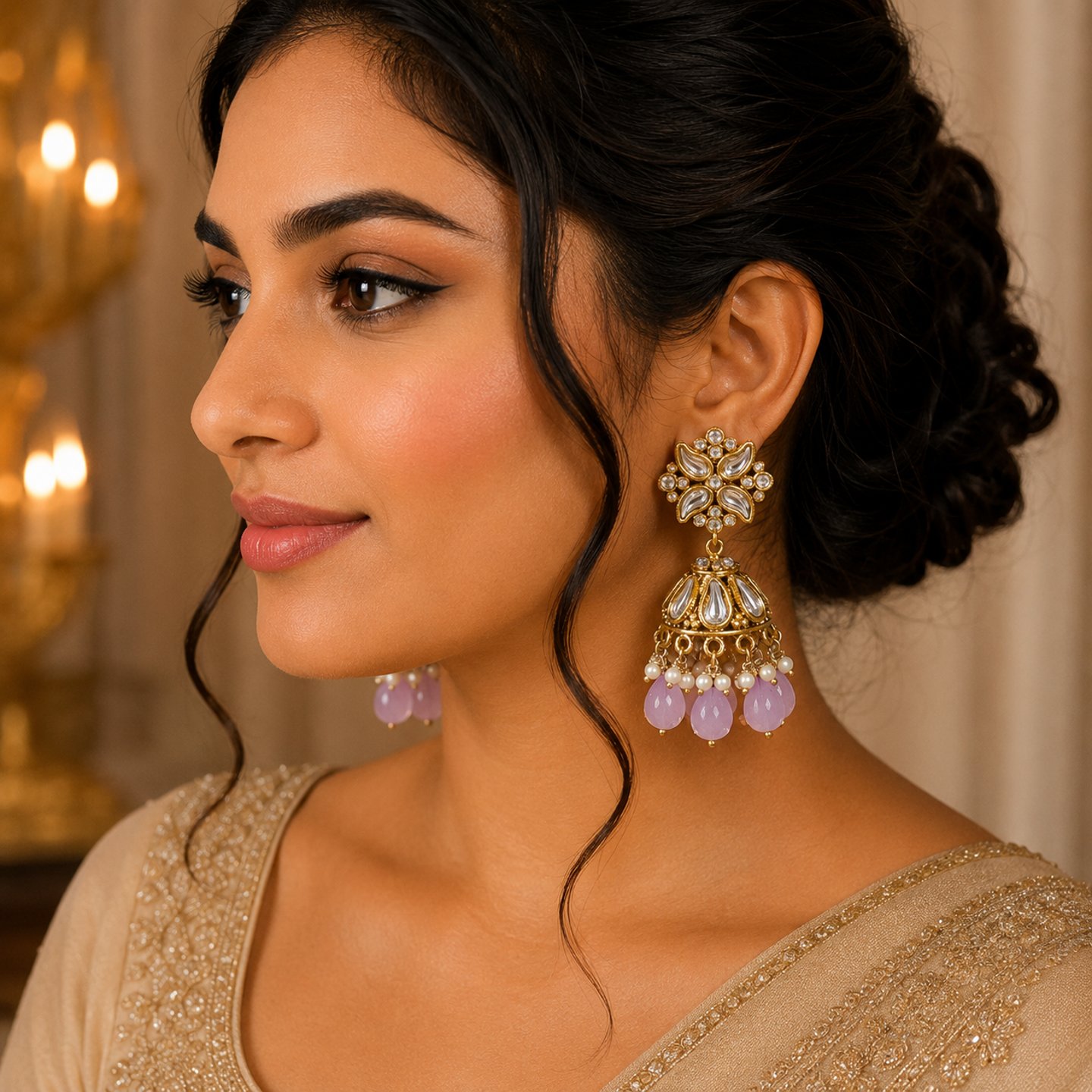 Sandhya Floral Desgin with Hanging Crystals Jhumkas