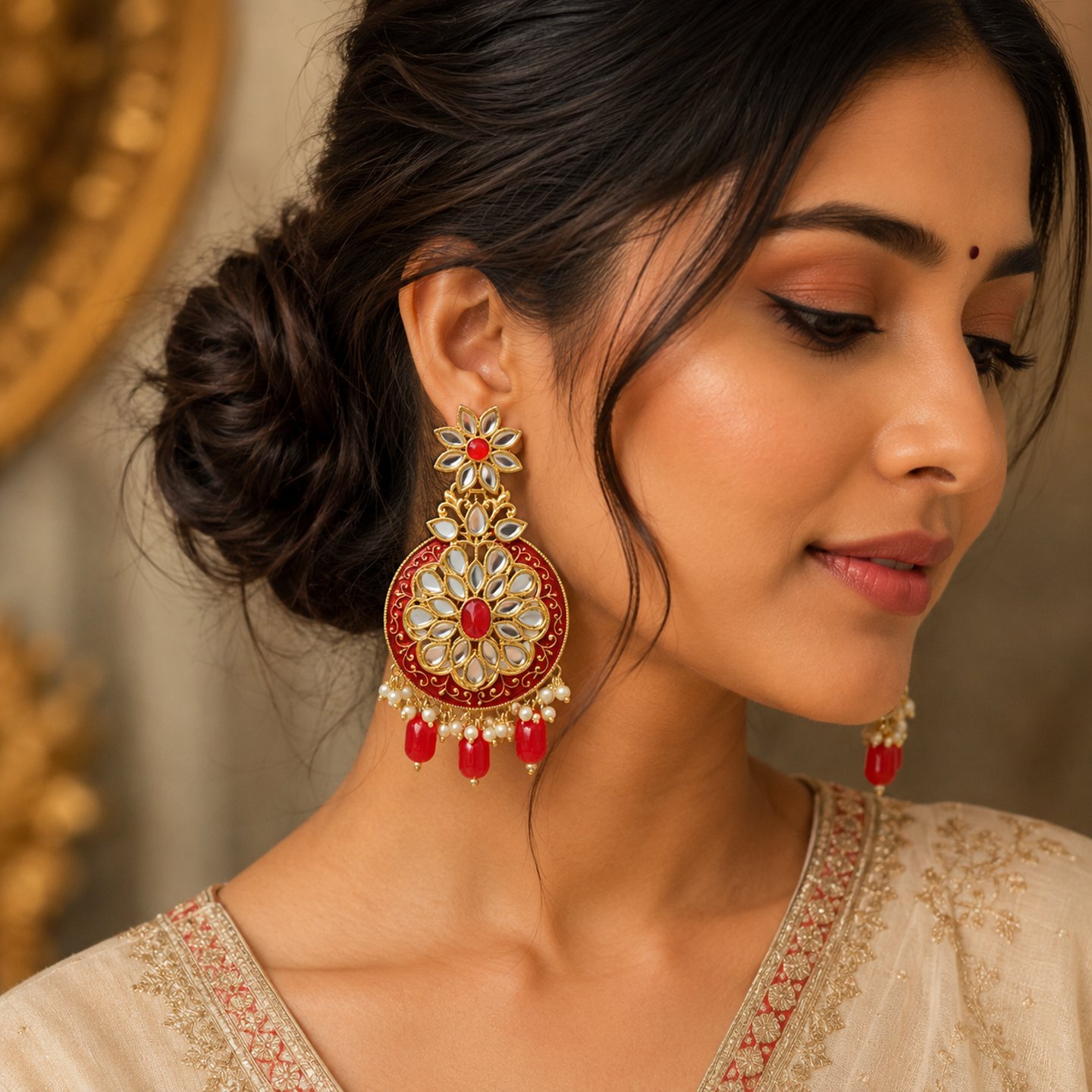 Malavika Ethnic Flora Kundan Statement Earrings