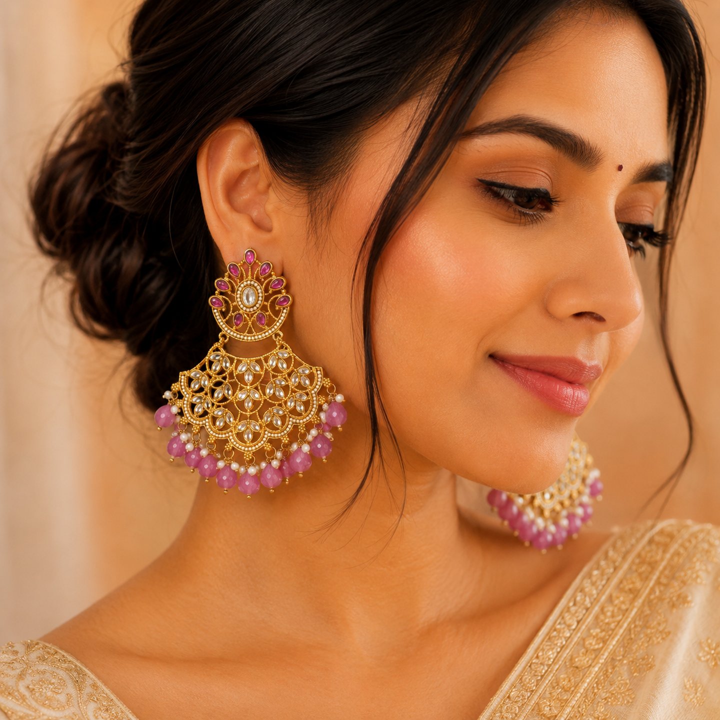 Ganika Kundan 3-Layer Chandbali with Colored Hangings