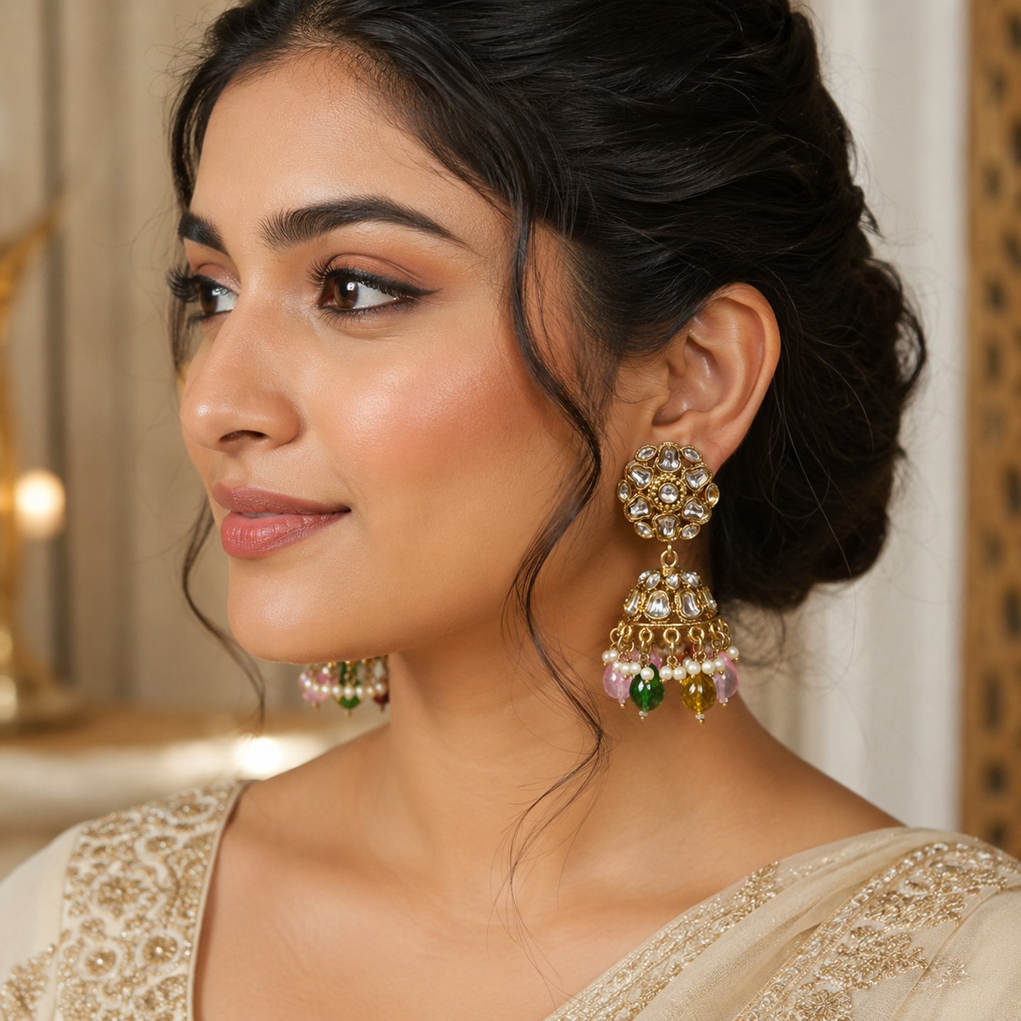 Manvi Kundan Jhumkas with Crystals and Pearls Hangings