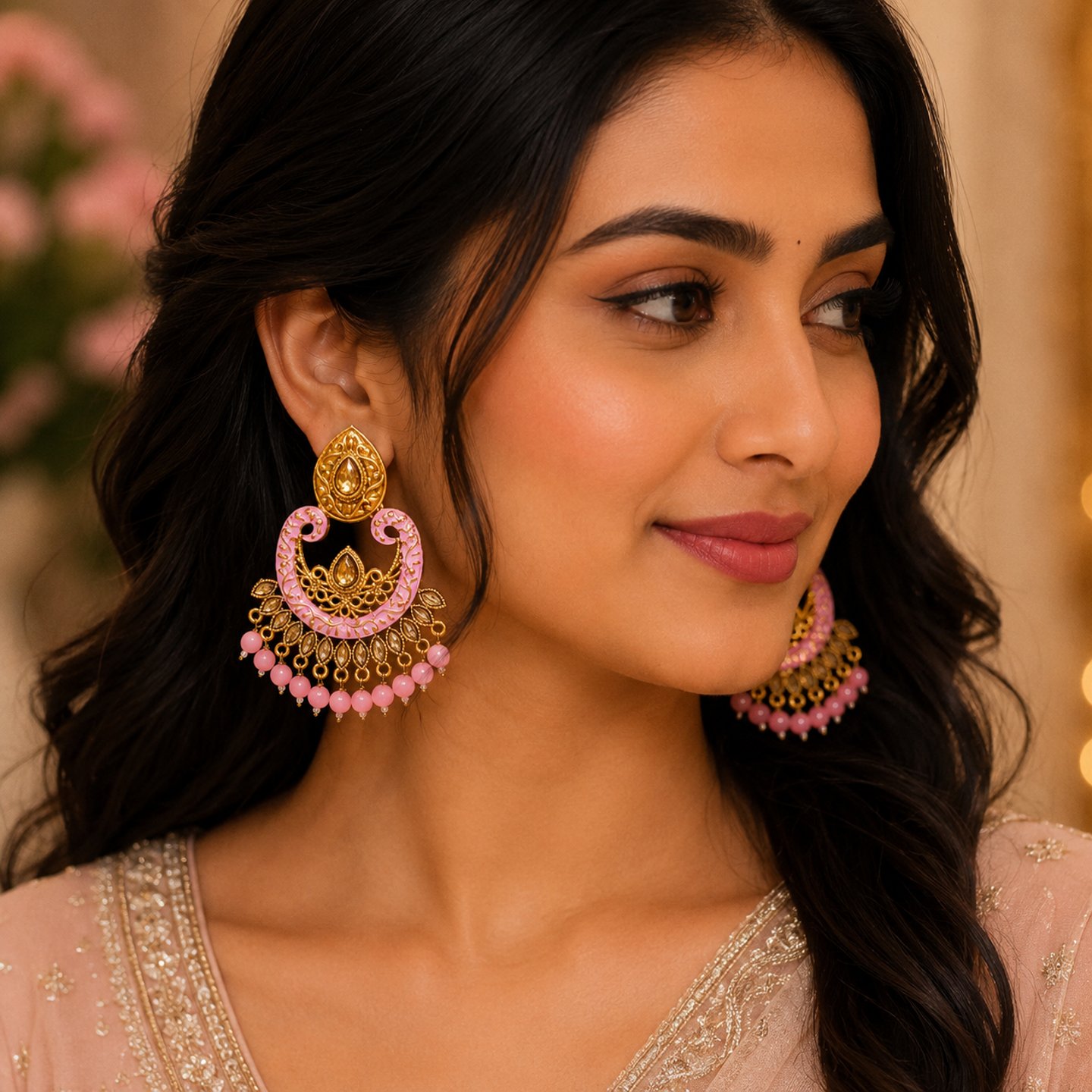 Neha Kundan Chandbalis with Crescent Moon Shaped Earrings