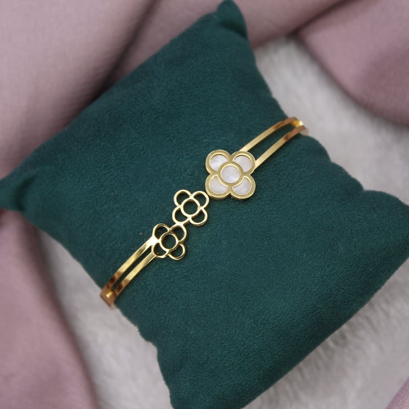 Gold Floral Clover Bracelet for Women with White Enamel | Minimal Dual Band Adjustable Cuff Bracelet | Daily Wear Elegant Design