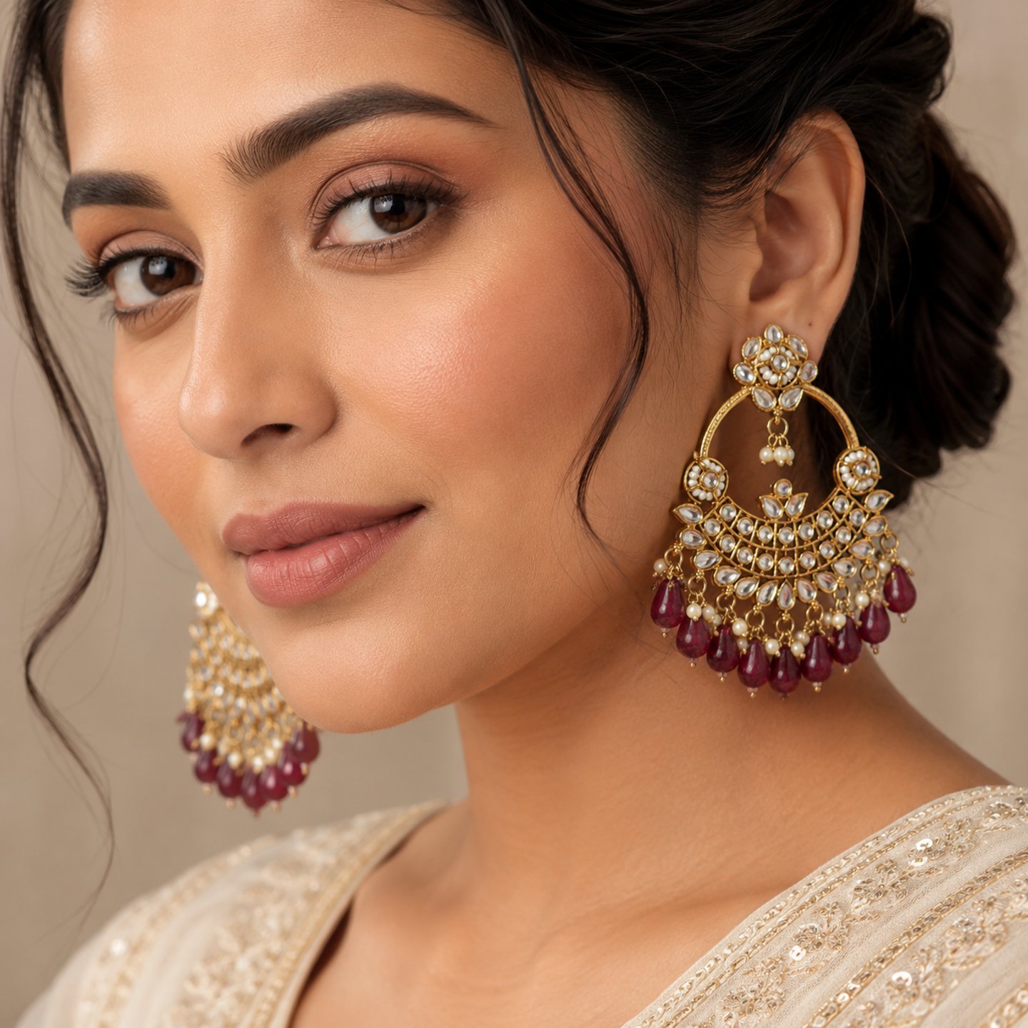 Kalpita Hanging Pearls Chandbalis with Kundan