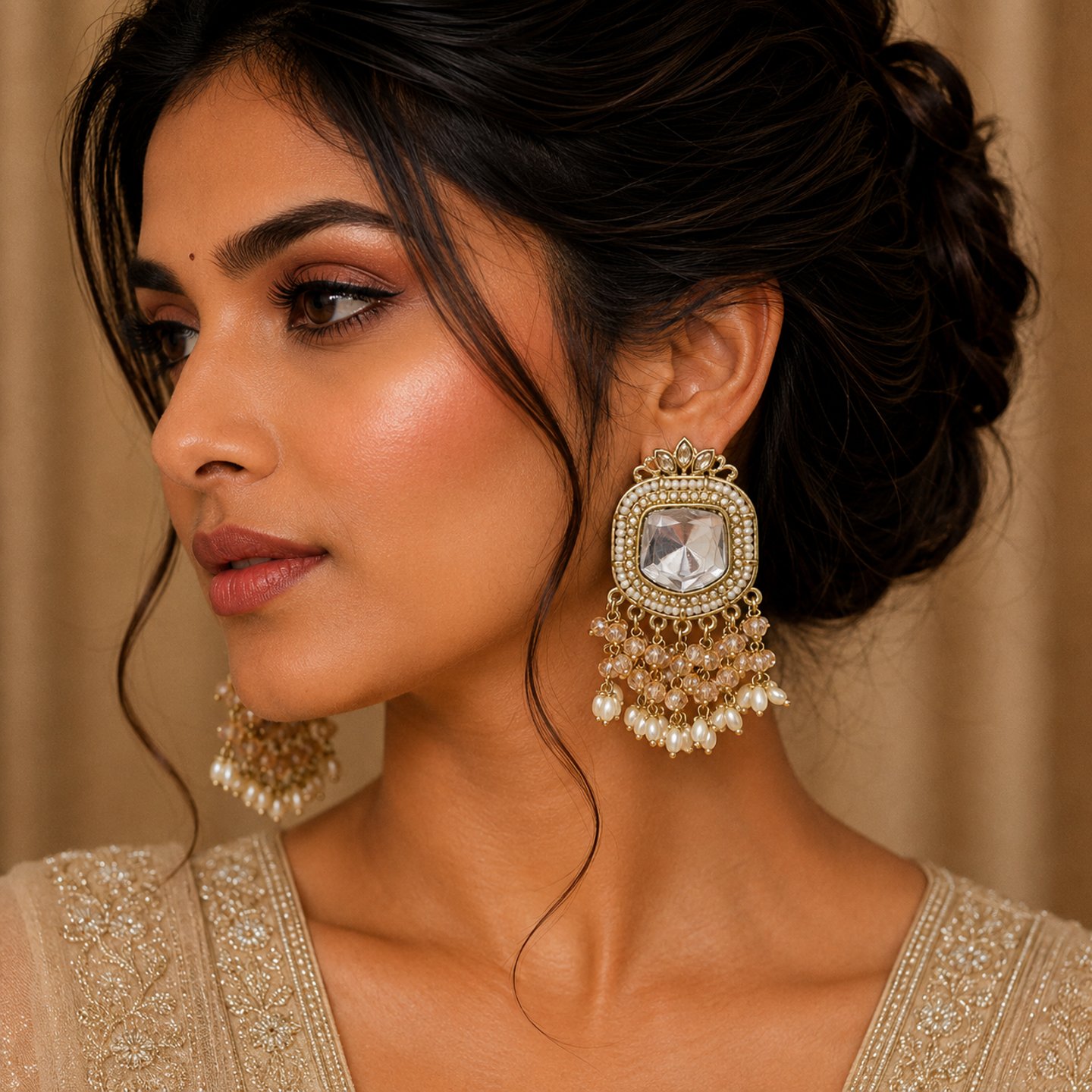 Manaswini Uncut Kundan Studs with Hanging Pearls