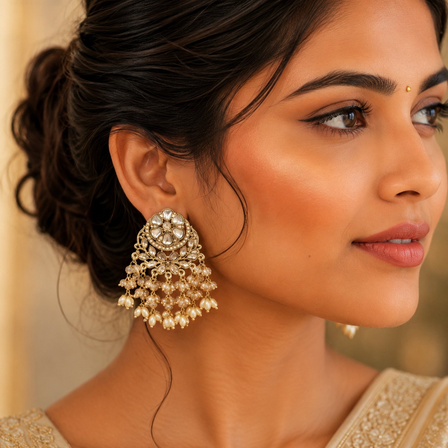 Samriddhi Gold Kundan Studs with Hanging Crystal Pearls