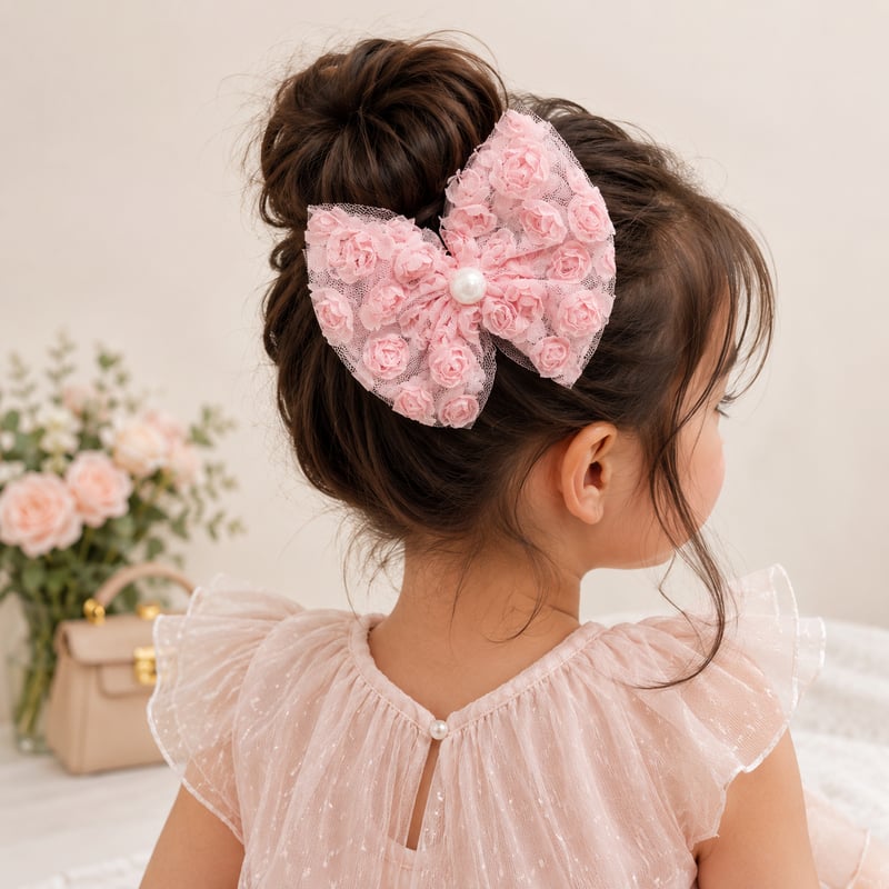 Korean Pink Floral Hair Bow Clip Pearl 