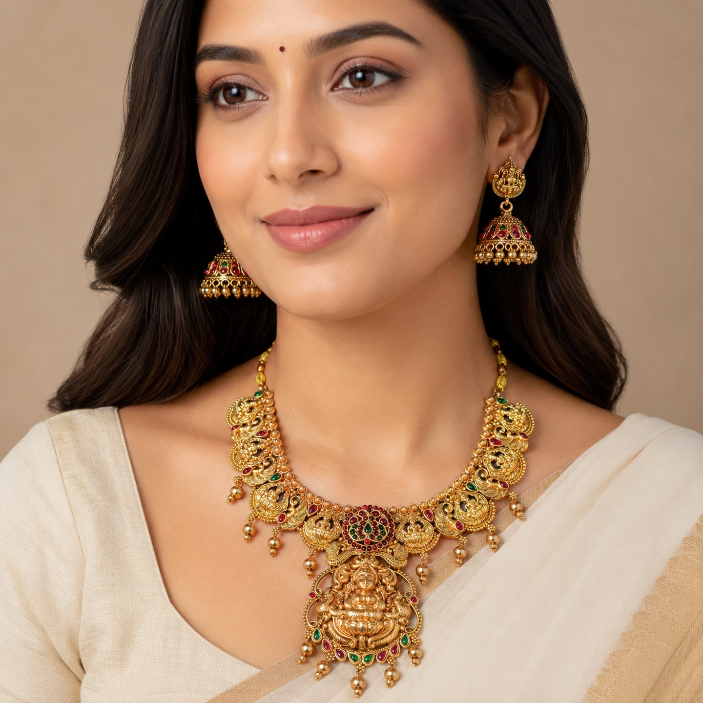 Aarohi Gold Look Temple Jewellry Necklace Set with Jhumkas