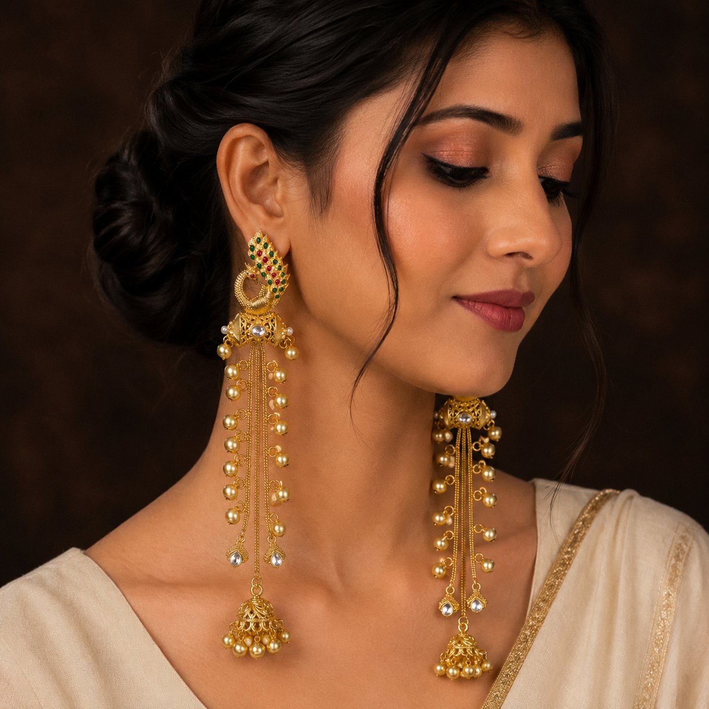 Neelam Peacock Desgin Kashmiri Earrings Hanging Chain with Ghungroos