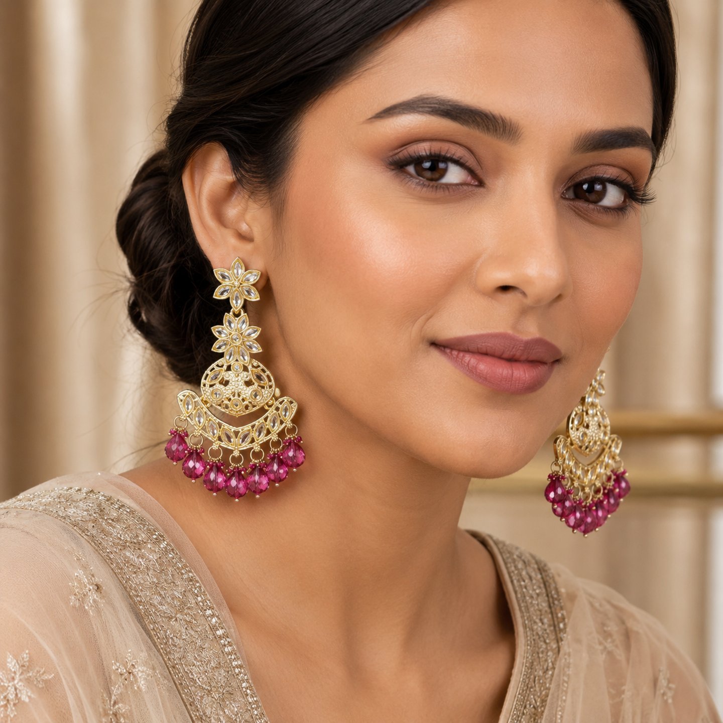 Tanishka Kundan Earrings with Crystal Hangings