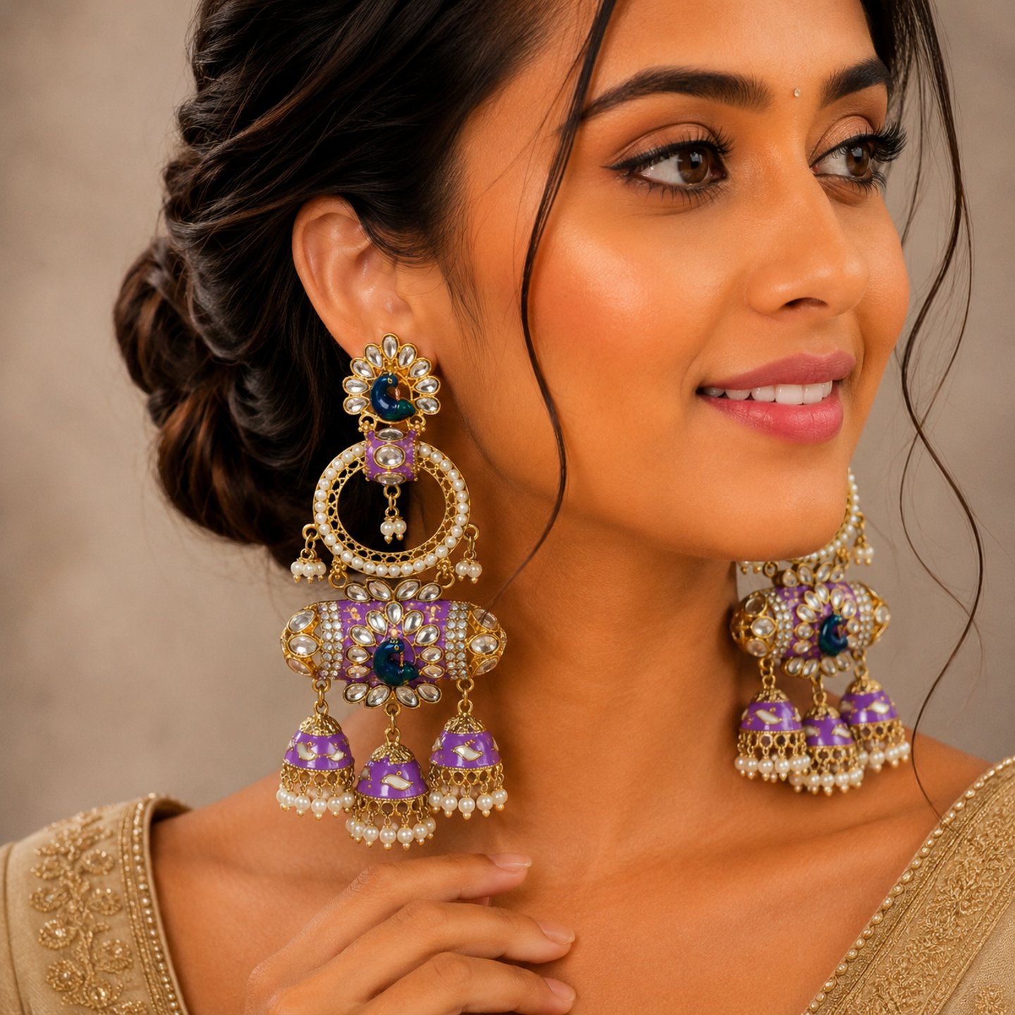 Priyanka Peacock Designs Meenakari Chandbali with Jhumka
