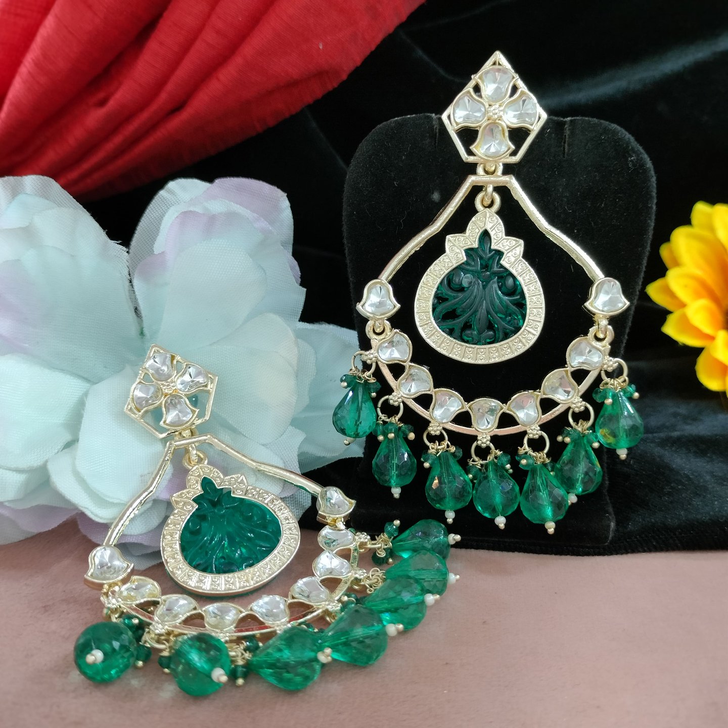 Aastha Kundan Studded Engraved Stone Chandbalis
