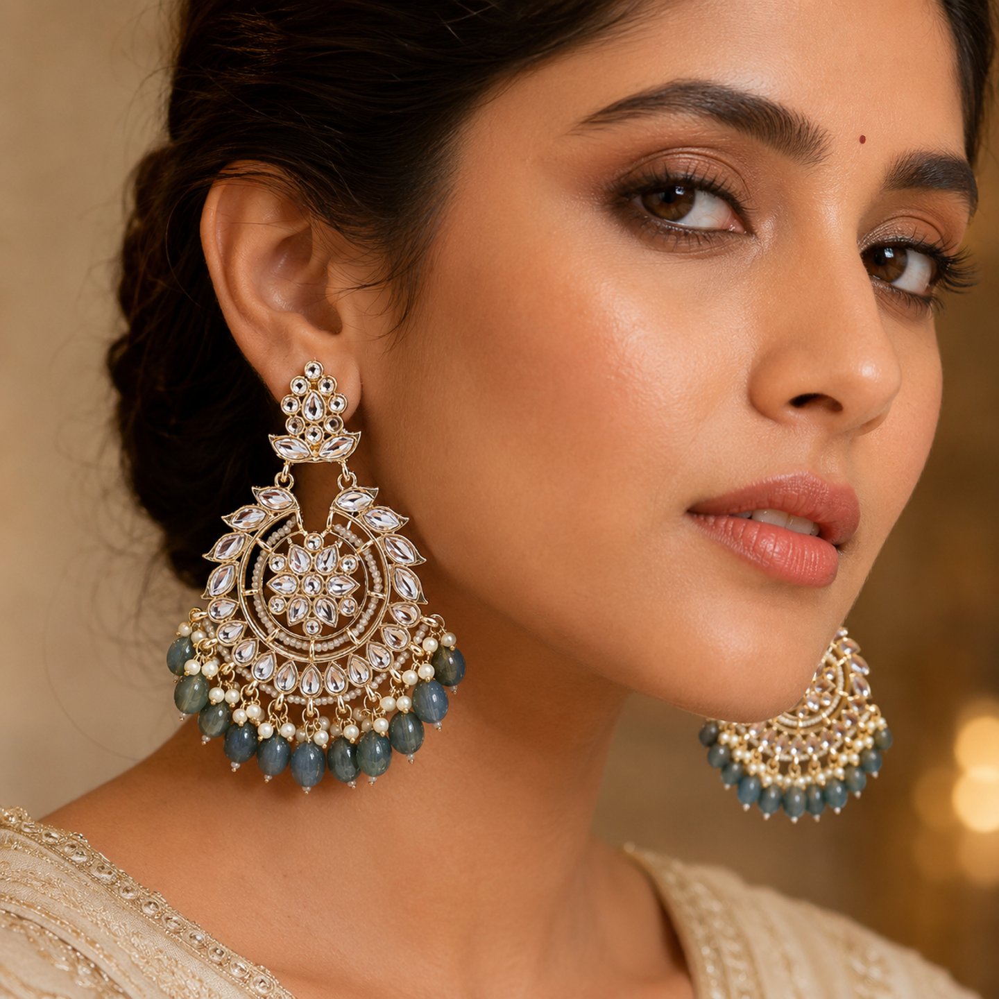 Anshu Kundan and Hanging Pearls Earrings