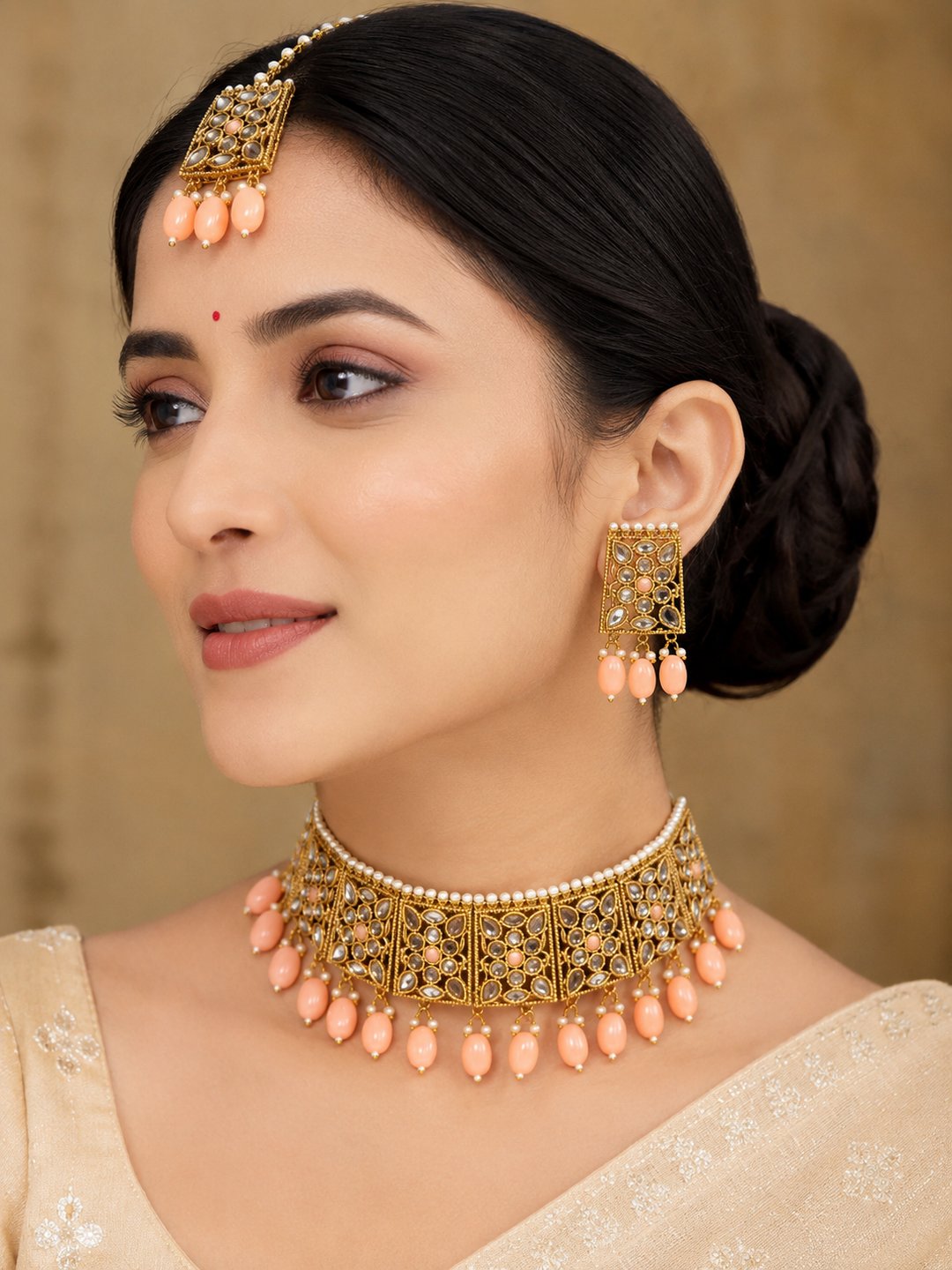Aditi Crystal AD Necklace set with Hanging Pearls
