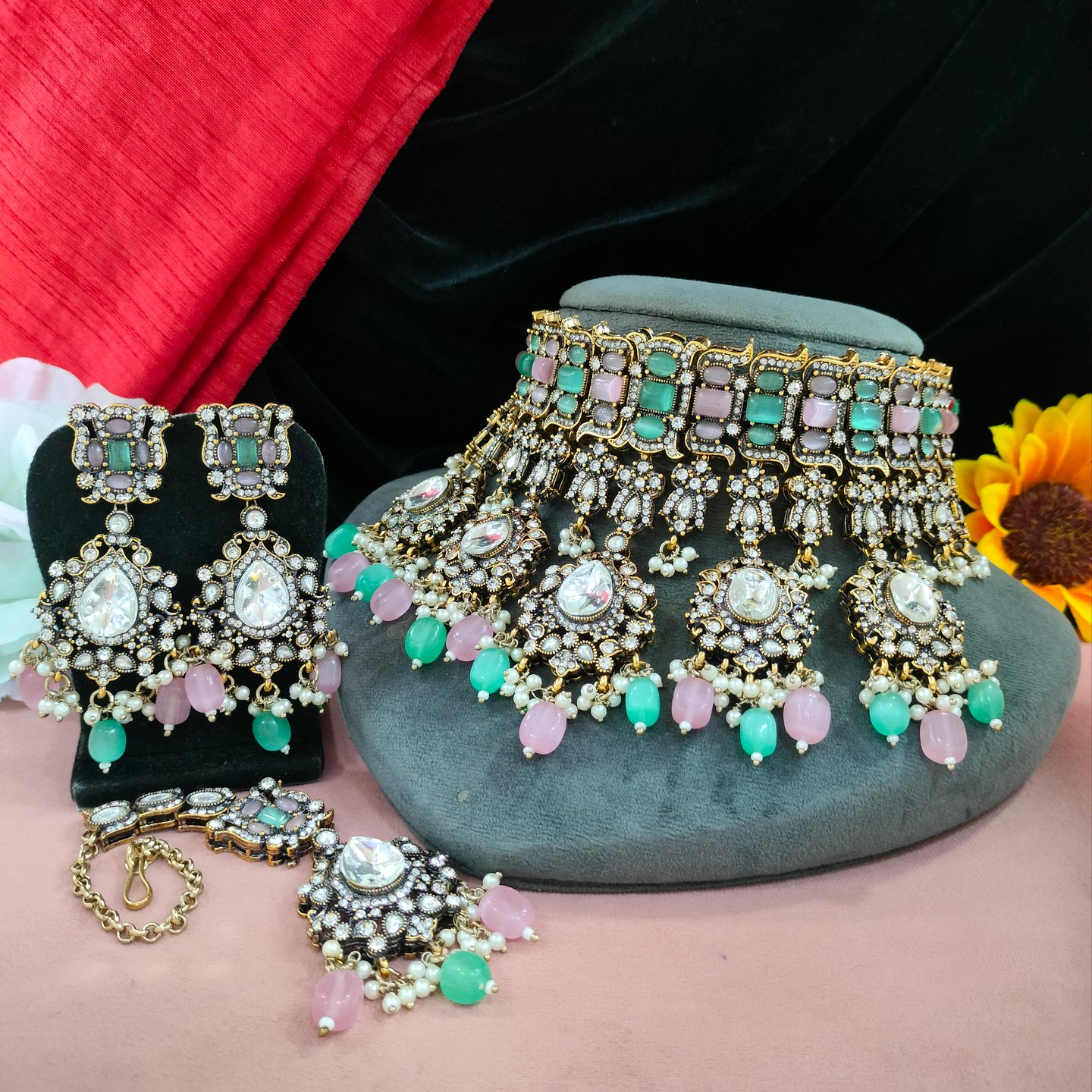 Teena Monalisa Stone and Victorian Zircon Choker Set with Tikka