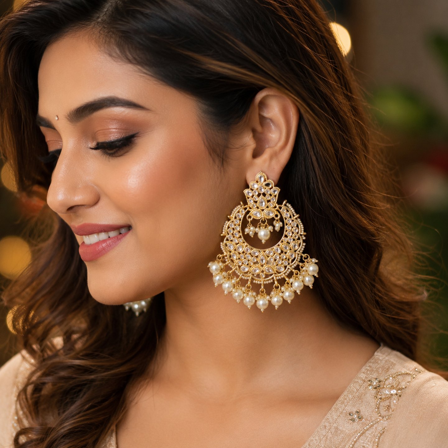 Harsika Kundan Chandbalis with Hanging Pearls