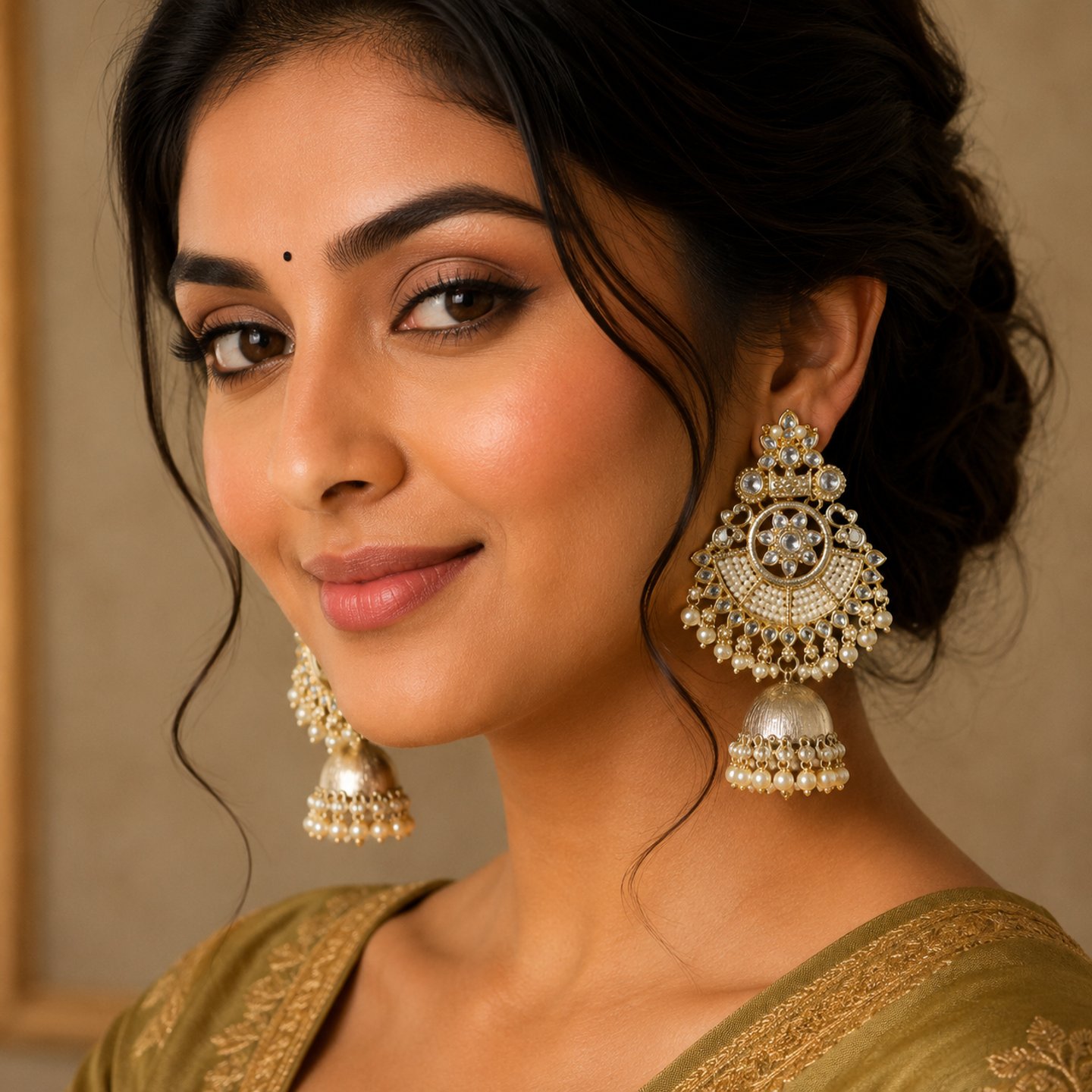 Chandani Minimal Pearls Hanging and Kundan Chandbalis with Jhumki