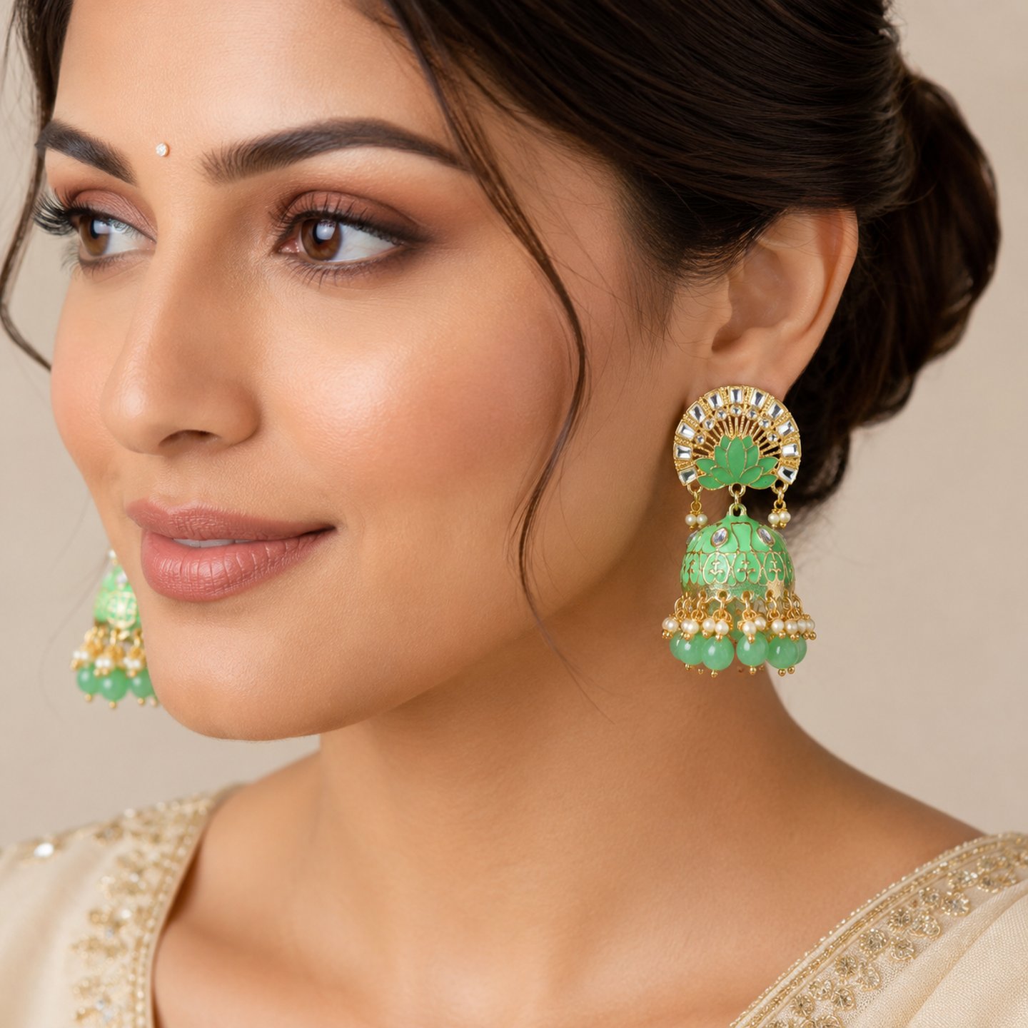 Thamina Kundan Meenakari Jhumkas with Colored Hangings
