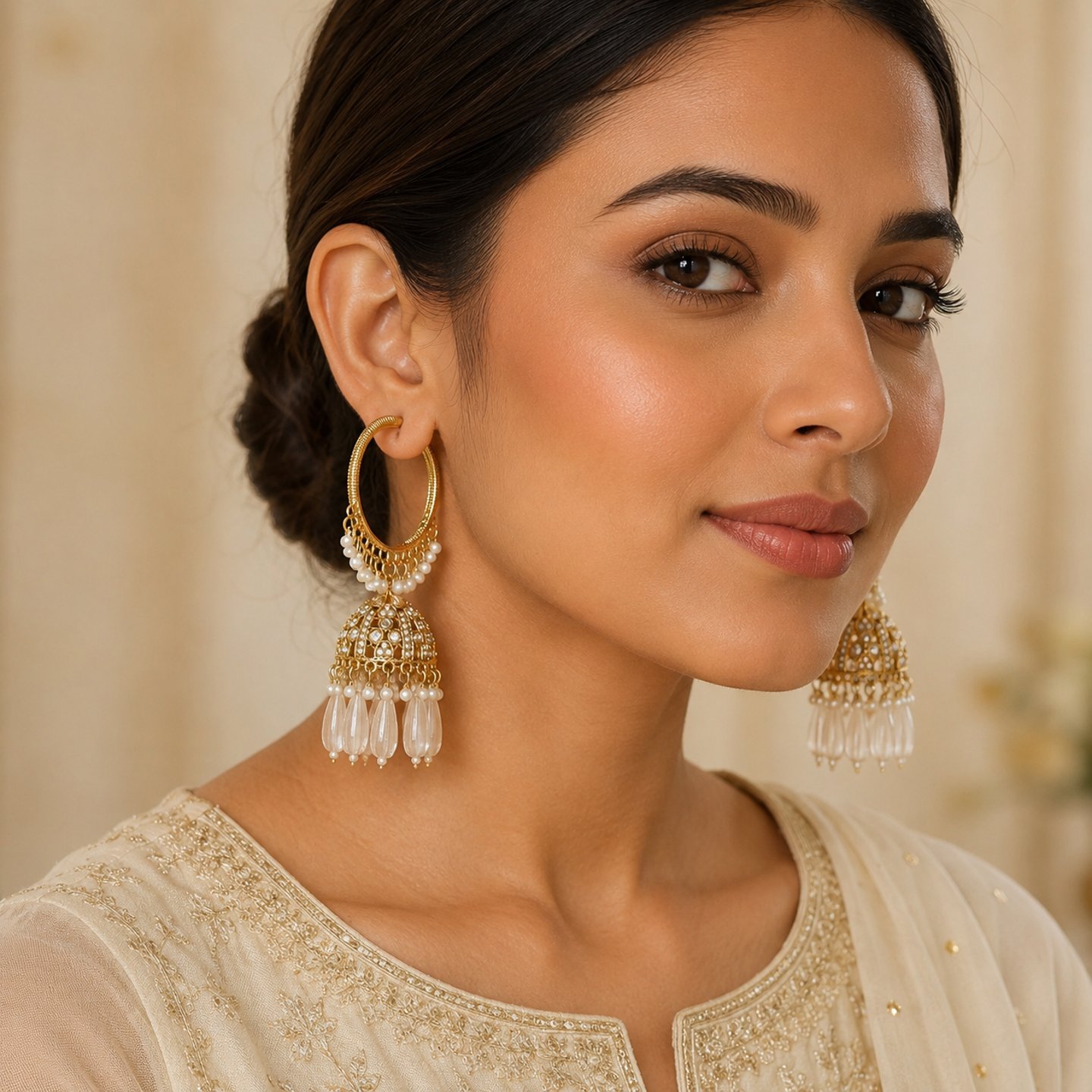 Laxmi Minimal Kundan Pearls Hanging Bali Jhumka