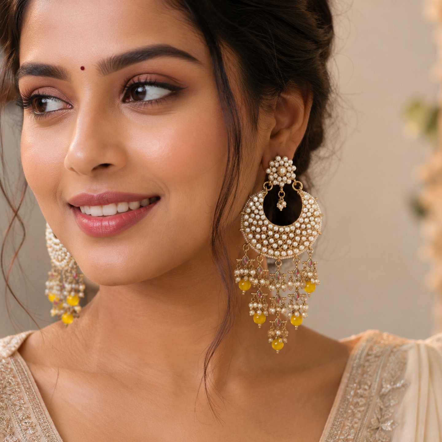 Monalika Kundan Chandbali with Hanging Pearls