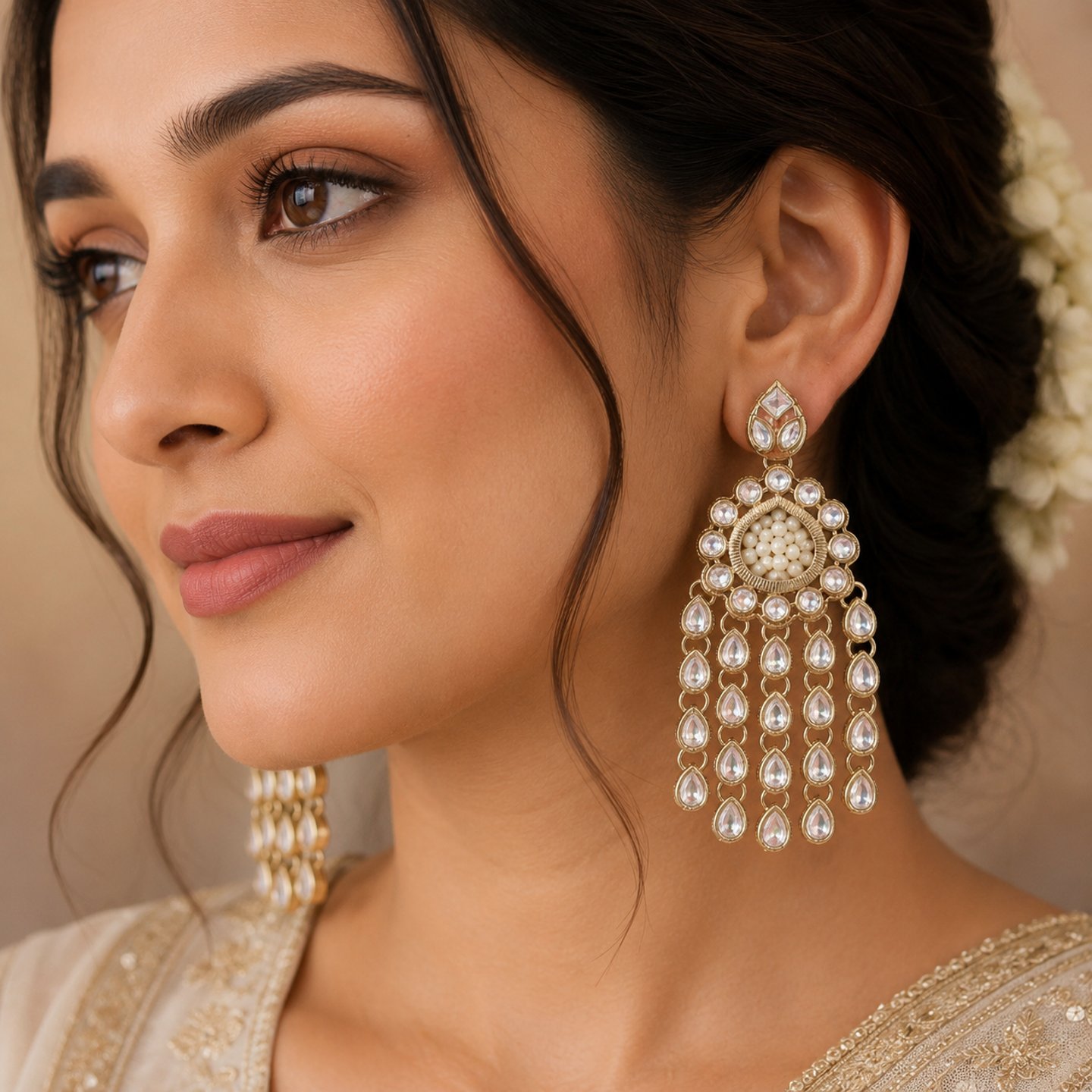 Kaira Long Kundan Earrings with Pearls Work
