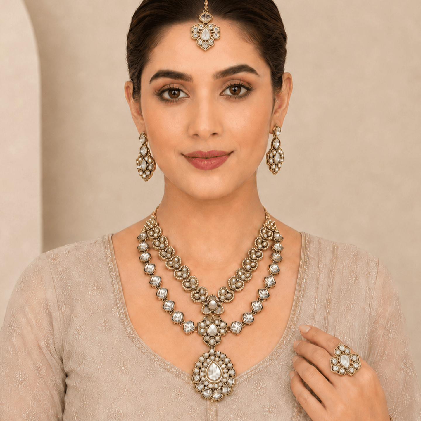 Khyati Layered Kundan Necklace Set with Maang Tikka and Finger Ring