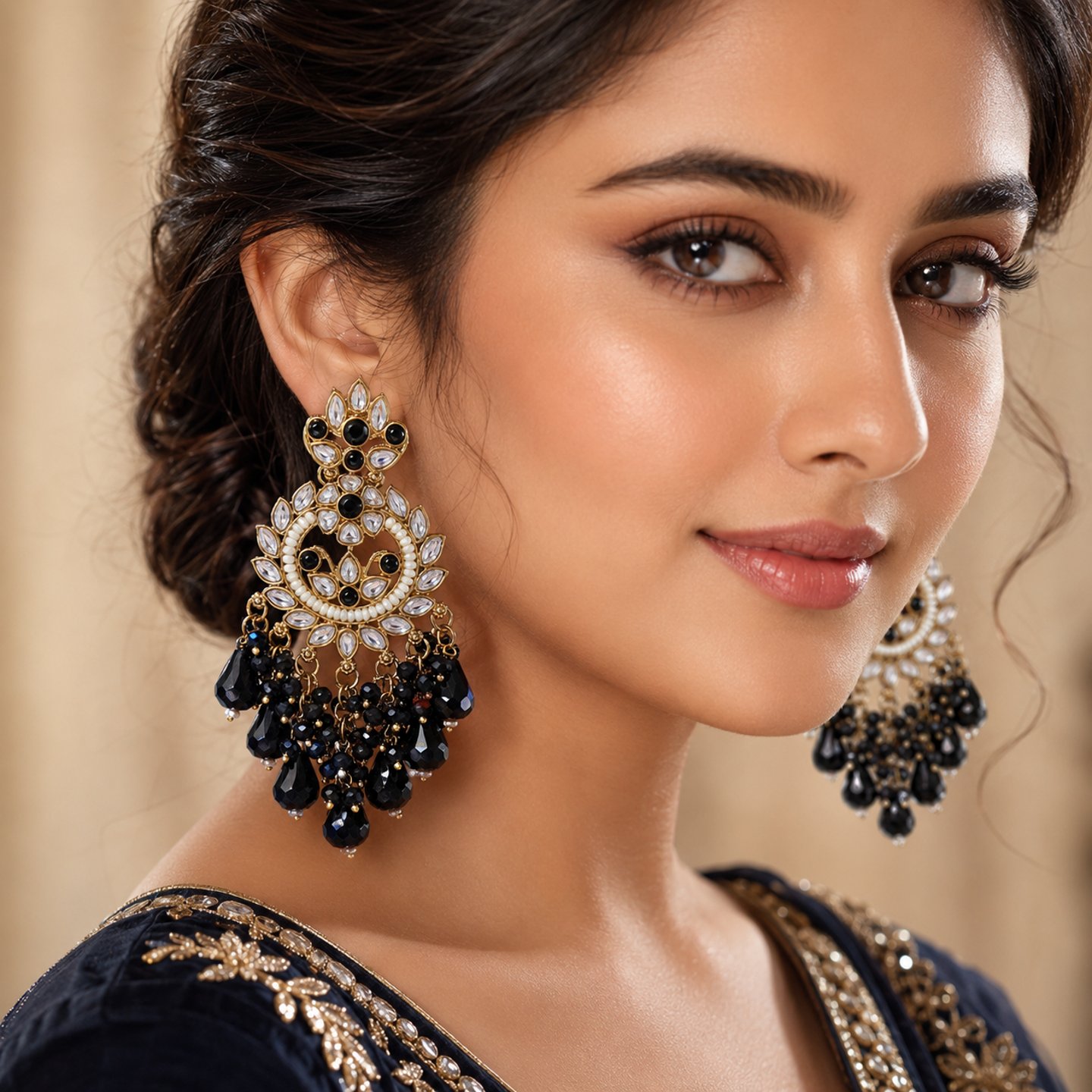 Lakshmi Kundan Earrings with Black Colour Hanging Crystals