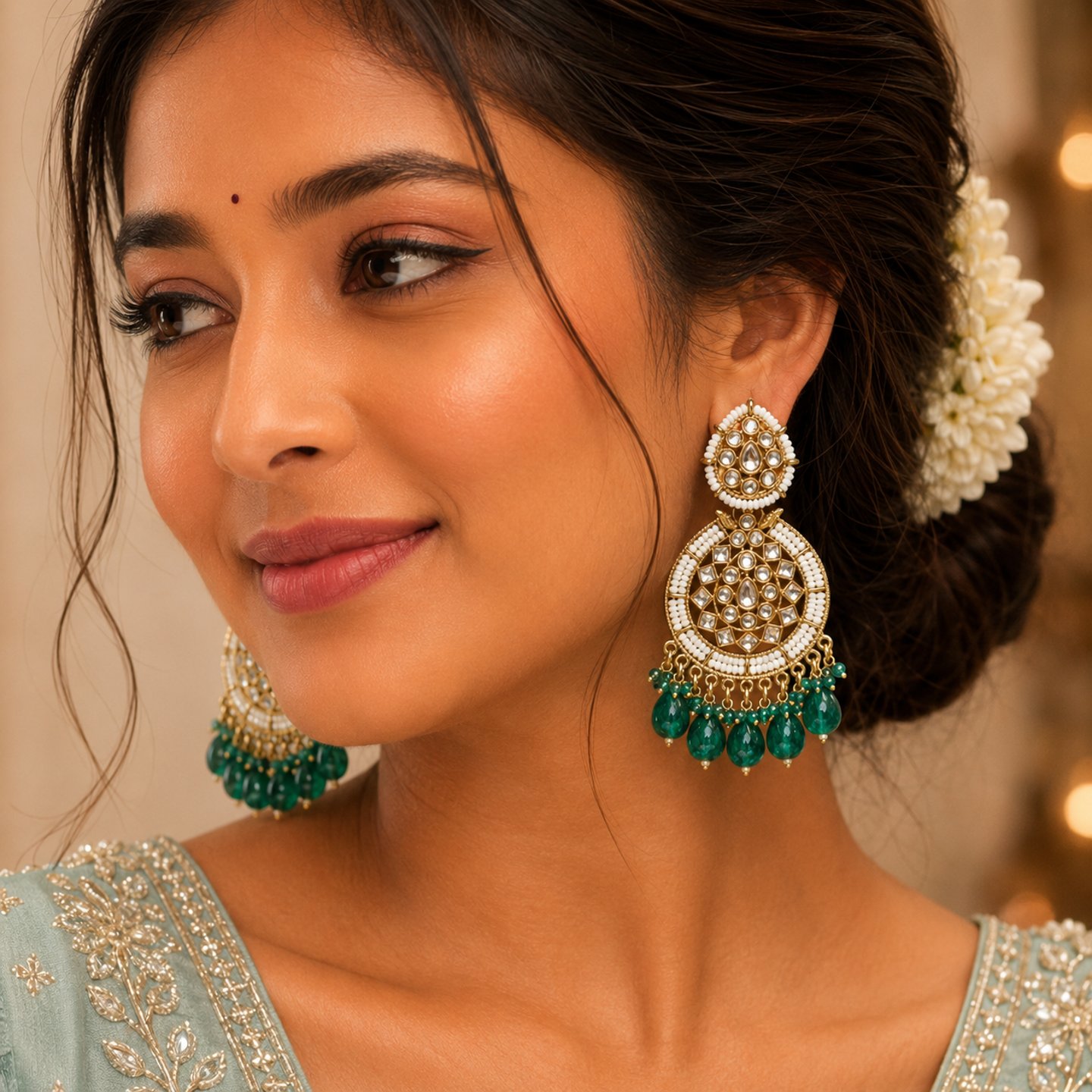 Anushka Acrylic Kundan Earrings with Hanging Pearls
