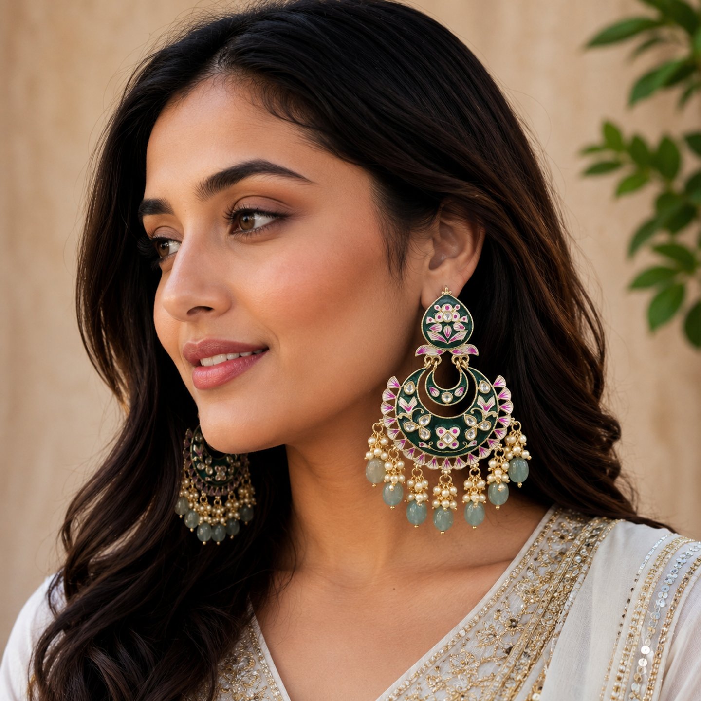 Nandini Meenakari Fusion Chandbalis with Pearl Droplets