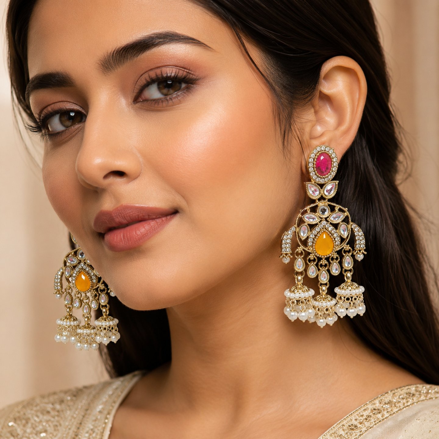 Sunita Crystal Stone Kundan Earrings with Pearls