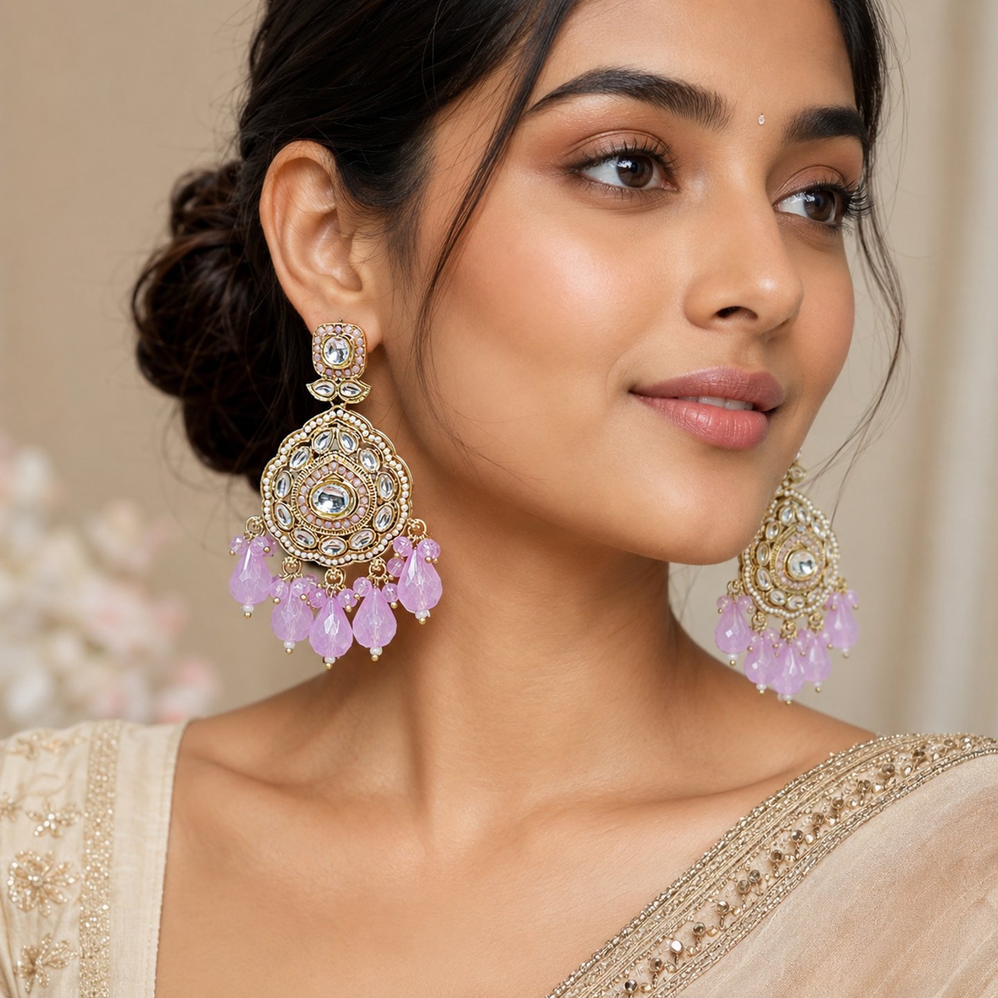 Priyanka Crystal Stone Earrings with Hanging Pearls