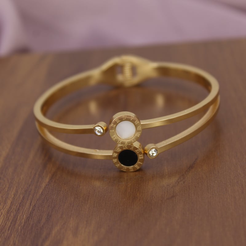 Gold Dual Tone Roman Dial Bracelet for Women with Black & White Enamel | Adjustable Luxury Cuff Bracelet