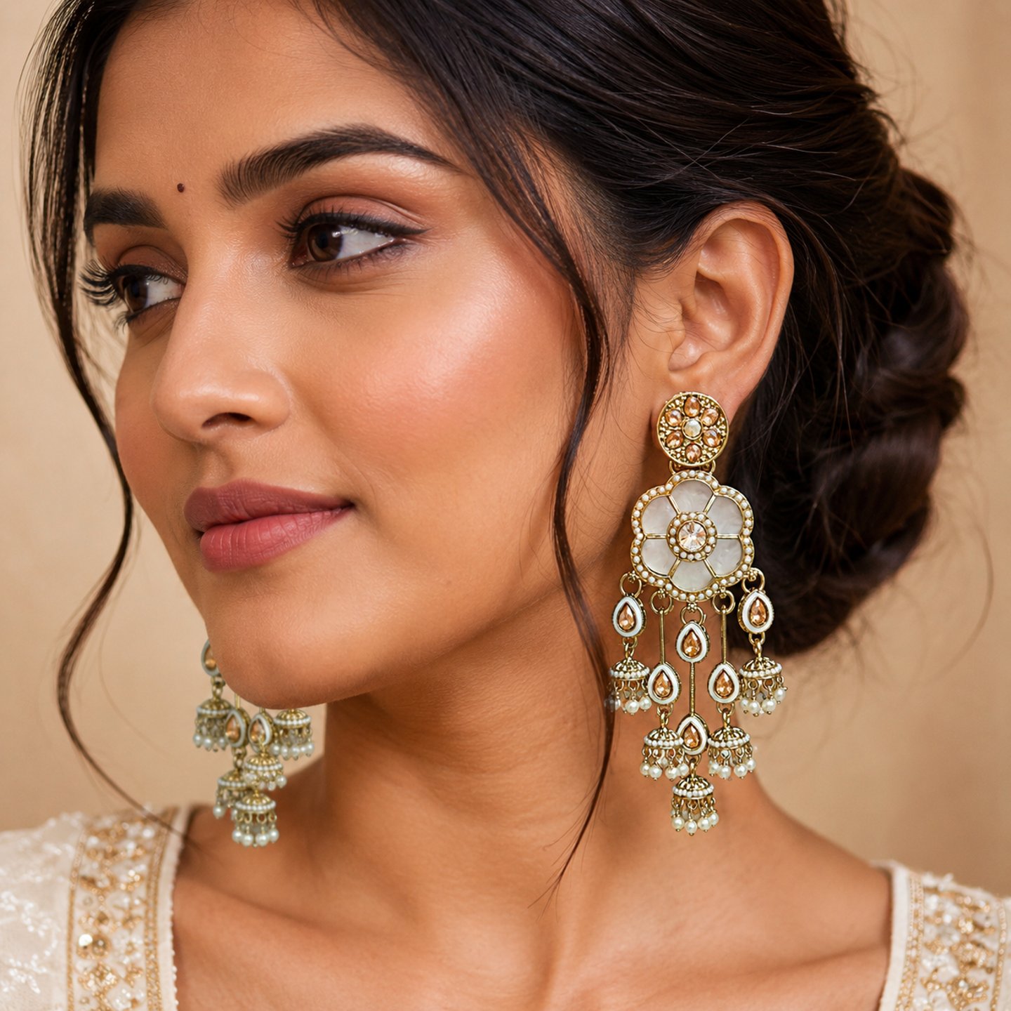 Aditi Crystals Stone Earrings with 5 Layer Jhumkas