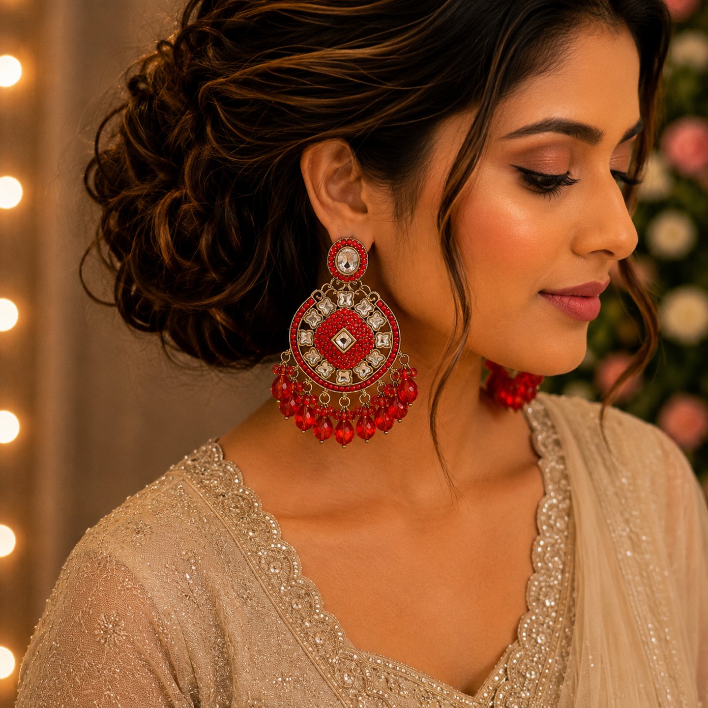 Anvi Kundan Earrings with Color Hanging Preals