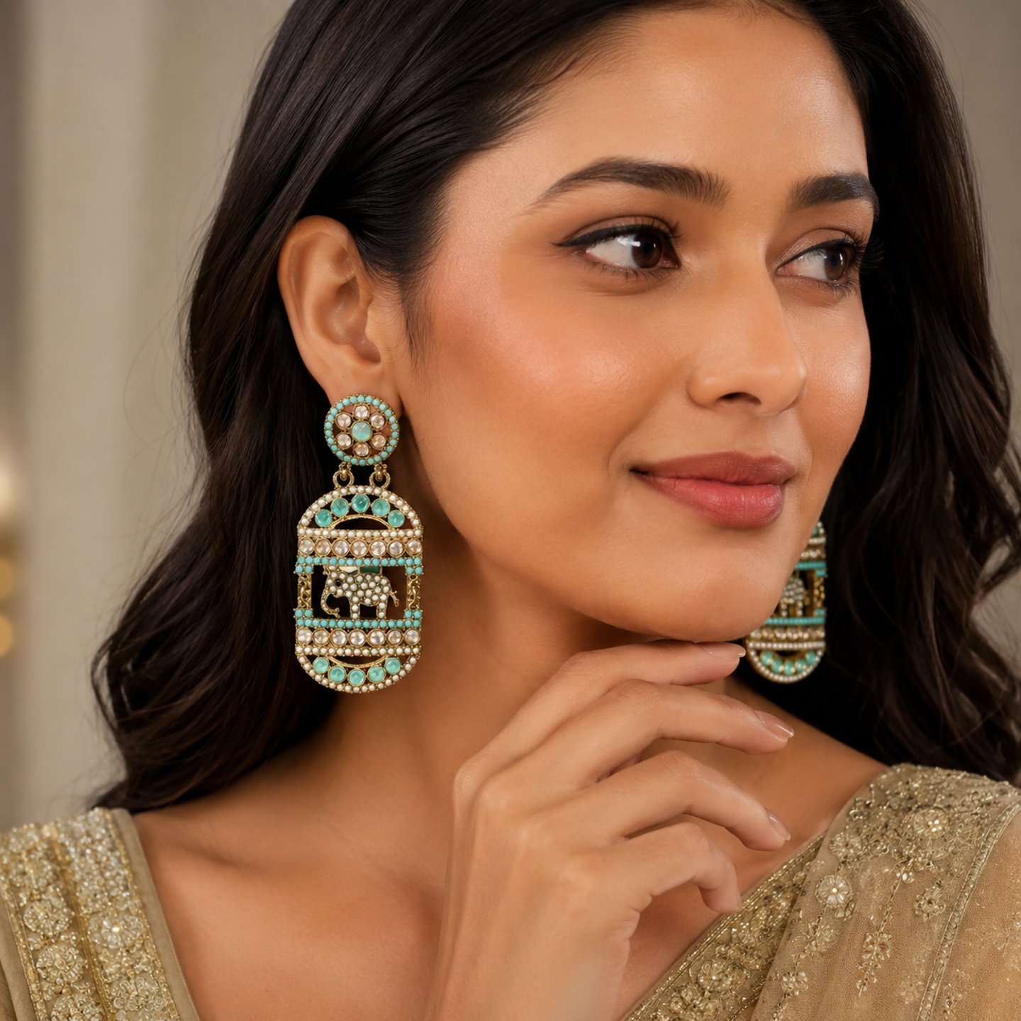 Diya Jhadu Pearls Elephant Design Earrings