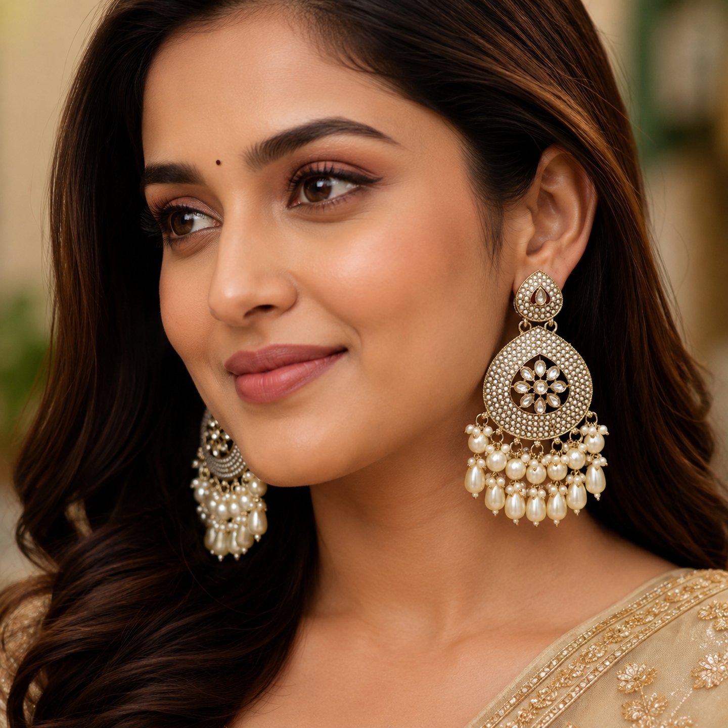 Kalpana Minimal Pearl Kundan Earrings