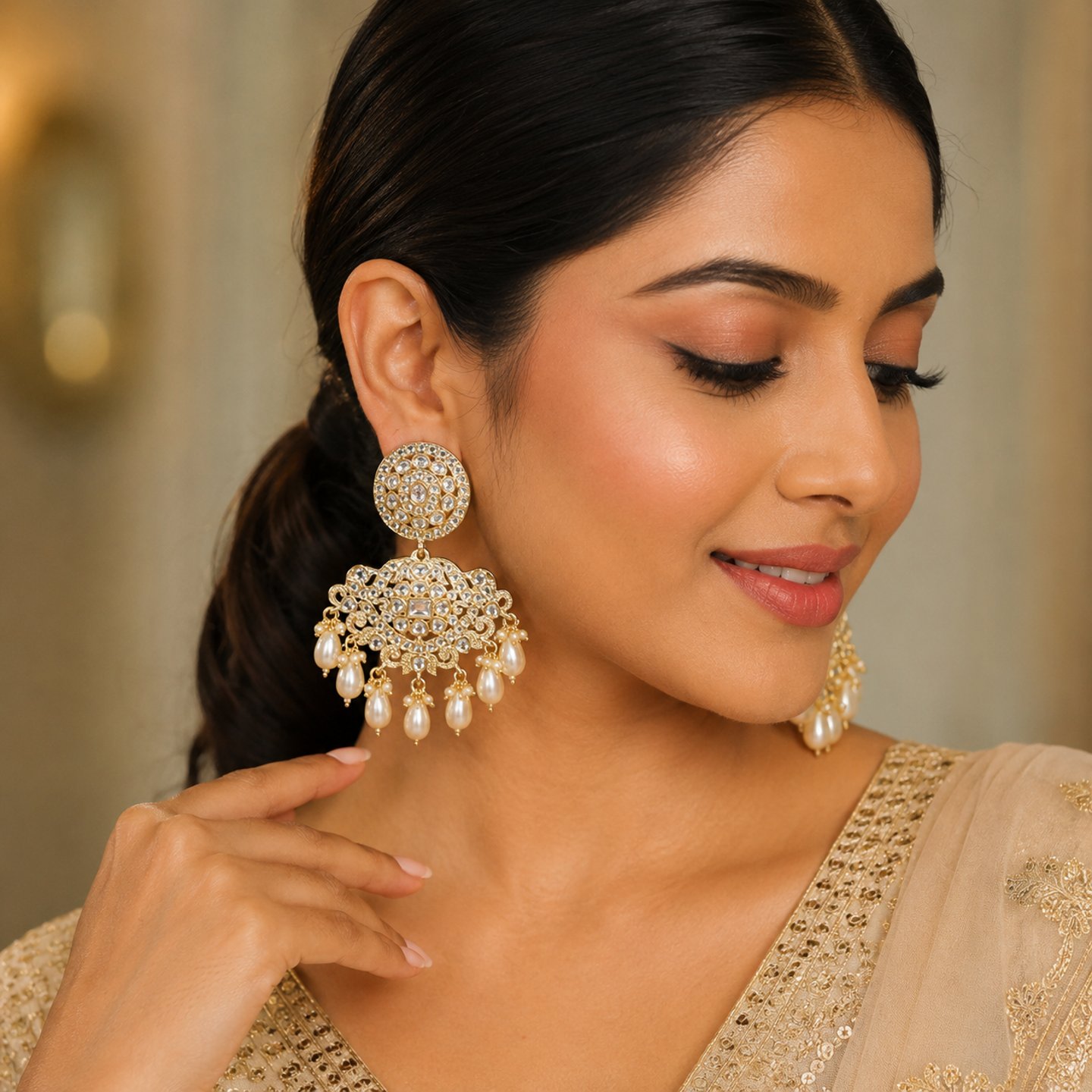 Khushi Kundan Chandbali with Hanging Pearls